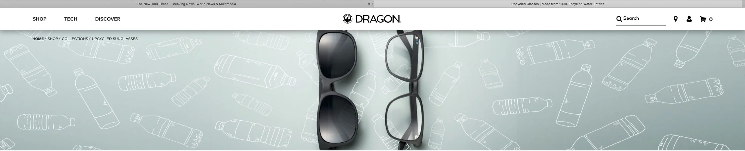 A pair of black sunglasses and clear glasses resting on a surface with a background pattern of outlined plastic water bottles.