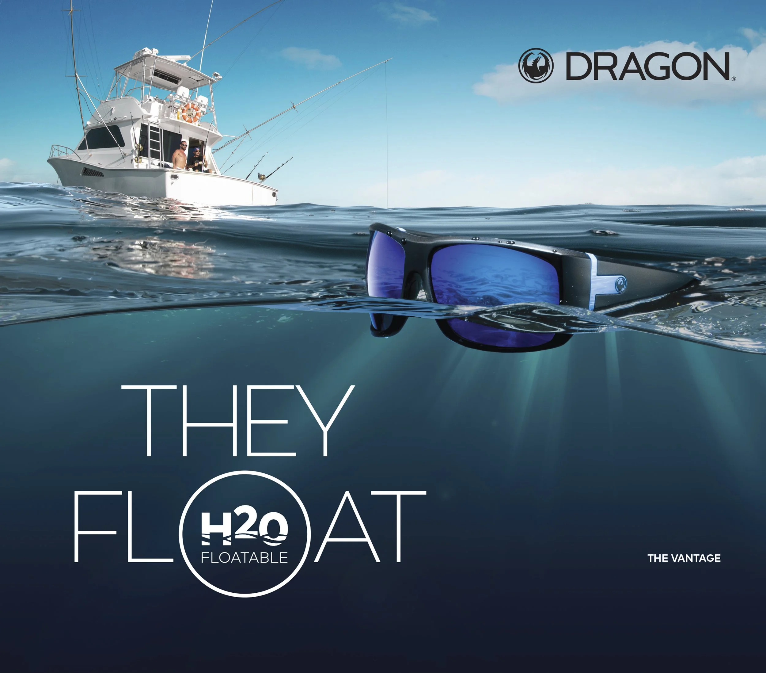 A boat floating on the water with a pair of swimming goggles partially submerged and floating on the surface. The sky is blue with some clouds, and there is a logo that says 'DRAGON' in the upper right corner. The text on the image reads 'They float