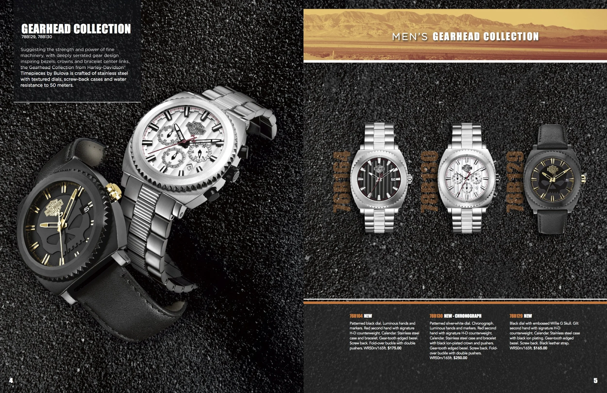 A two-page spread of a catalog featuring men's TAG Heuer watch collections. The left side displays two watches from the Gearhead Collection with descriptions, including a black watch with gold accents and a silver watch with a chronograph. The backgr