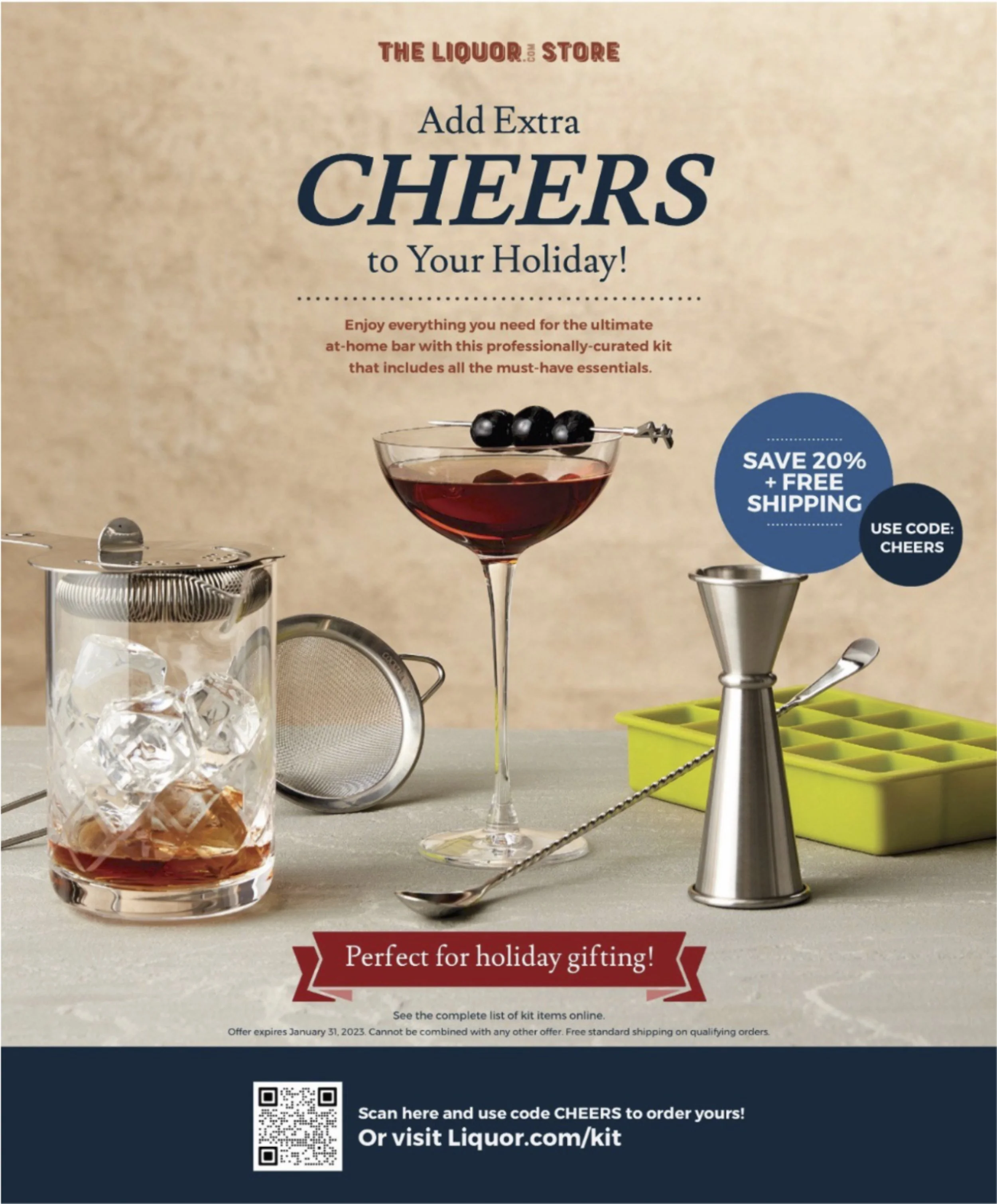 A promotional flyer for a holiday at-home cocktail kit. The flyer features a glass of red wine with black garnish, a cocktail shaker, a strainer, a mixing spoon, a metal jigger, and a silicone mold. There is a blue circle with text offering 20% off p