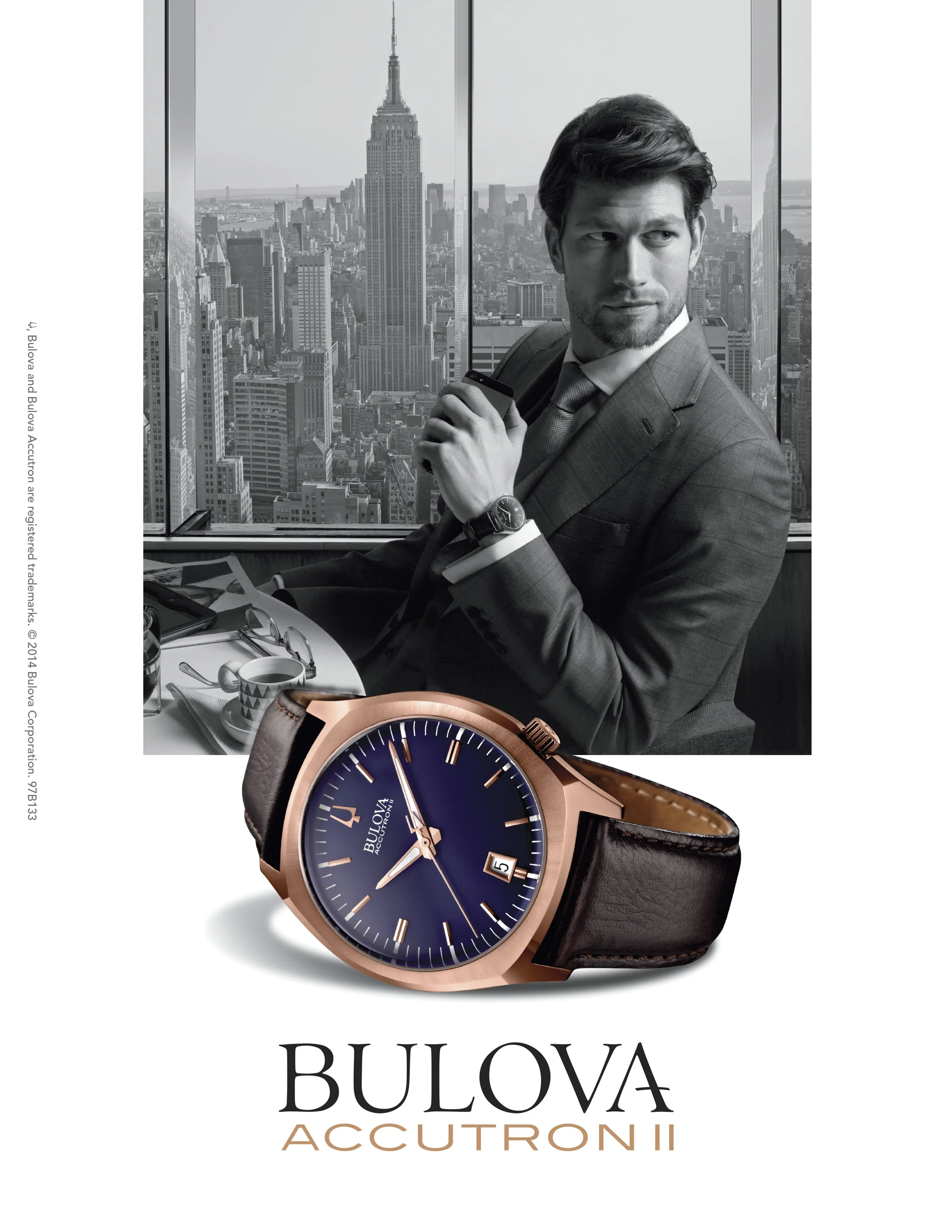 Black and white photo of a man in a business suit sitting at a table with city skyline view, and a close-up of a Bulova Accutron II watch with a blue face and black leather strap underneath, with the brand name and model below.