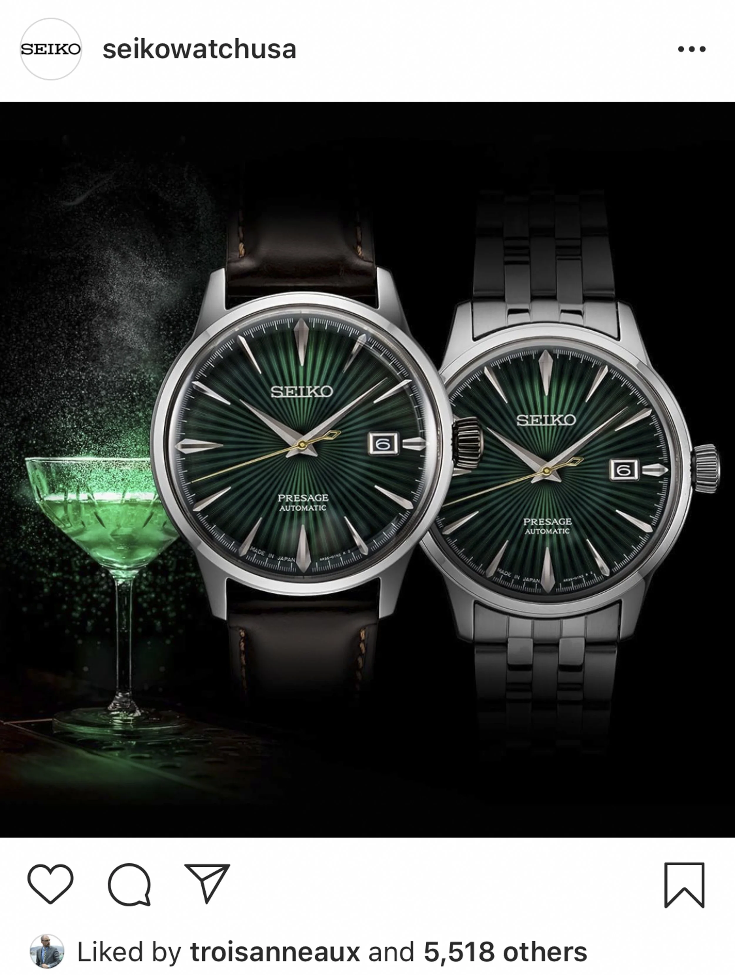 Two Seiko Presage automatic watches with green sunburst dials, one with a black leather strap and the other with a black metal bracelet, against a dark background with a green cocktail and splashes of liquid.