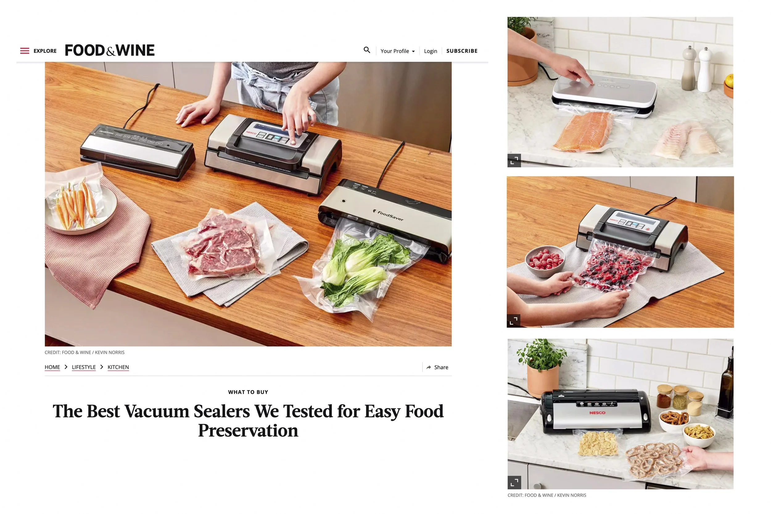 Collection of images showing various vacuum sealers in use, sealing different food items such as fish, berries, meat, and snacks in a kitchen setting.