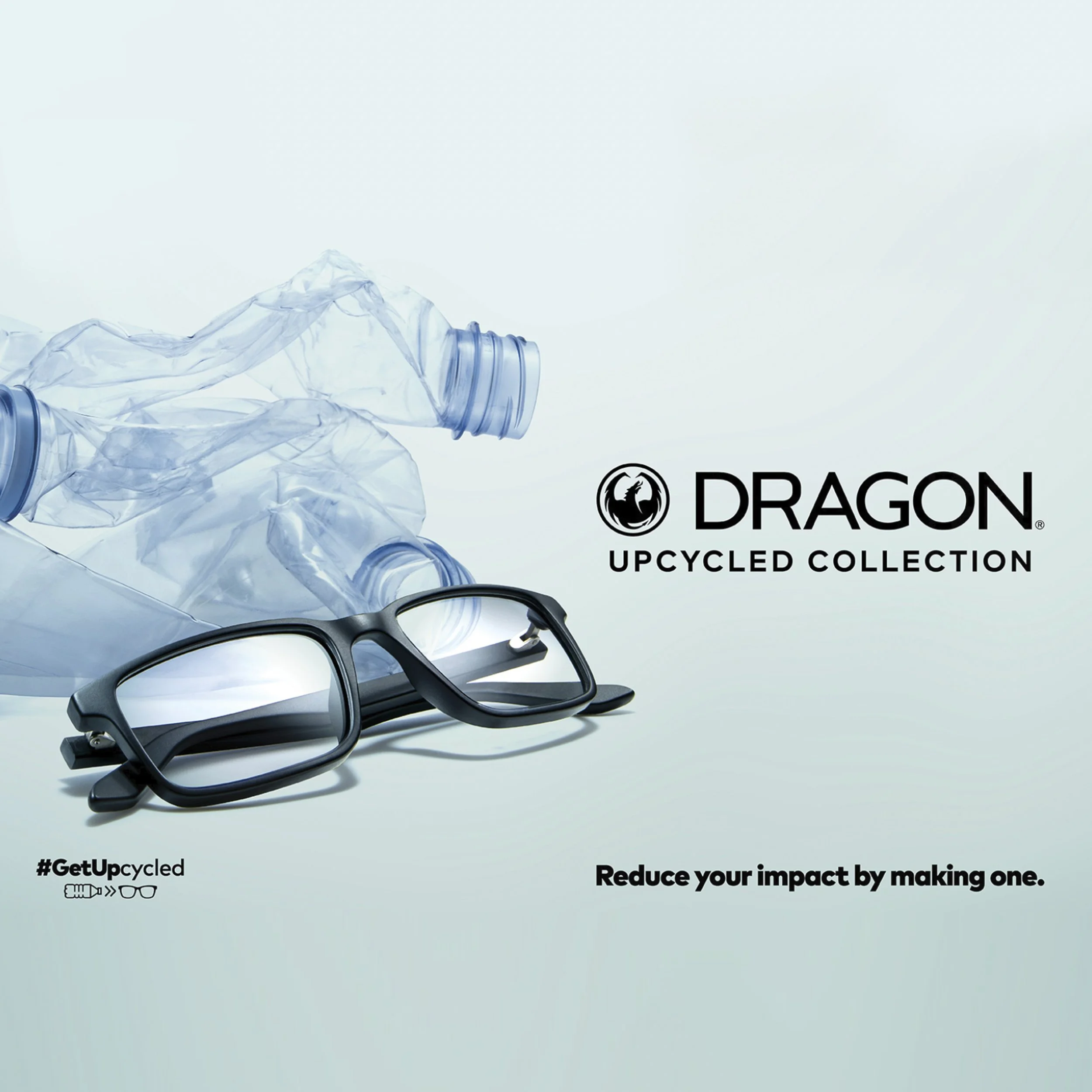 A pair of black eyeglasses in front of a crumpled plastic water bottle and a logo for Dragon Upcycled Collection with a message to reduce impact by making one.