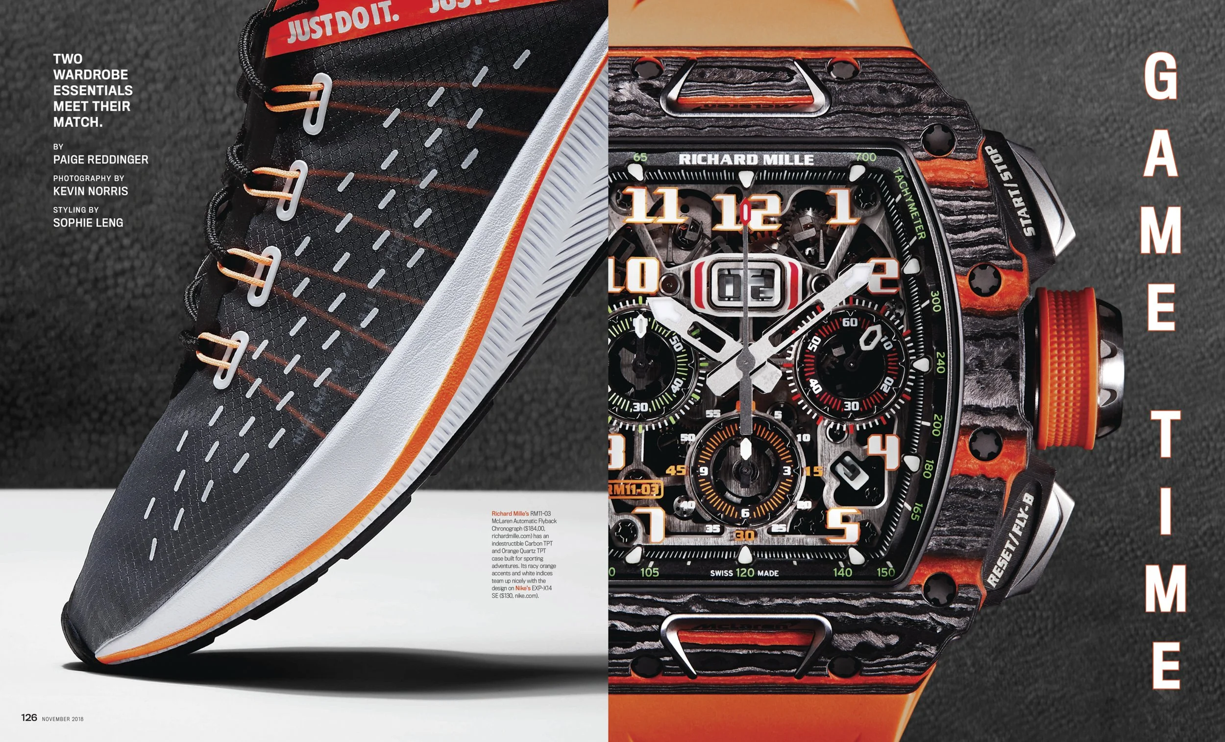 Close-up of a running shoe and a luxury watch side by side in a magazine layout. The shoe is black with orange accents and the phrase 'Just Do It' on the tongue, with text on the left corner describing the shoe. The watch has a complex black and oran