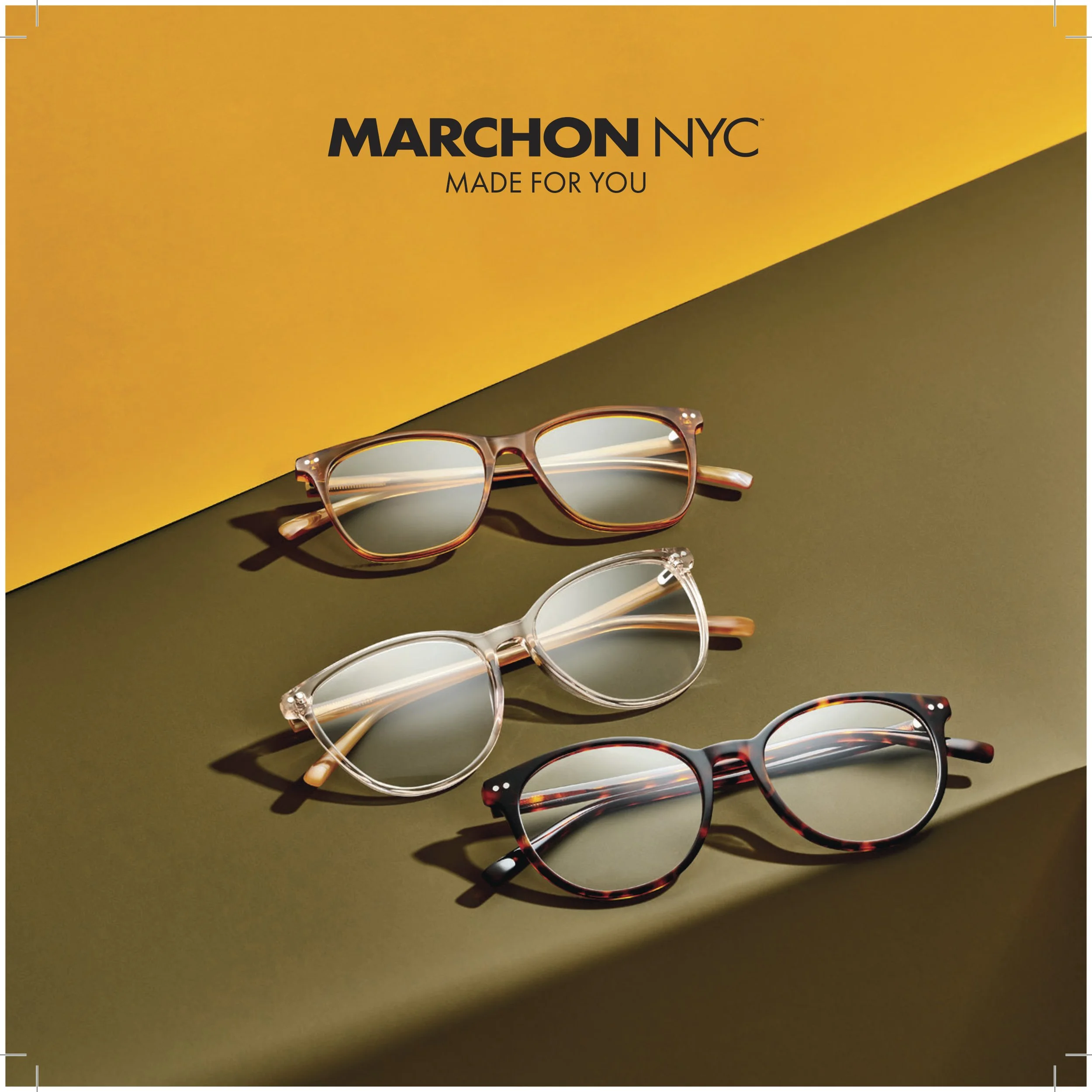 Three pairs of eyeglasses with different frame styles and colors, placed on a dark surface with a yellow background that features the brand name Marchon NYC and the slogan 'Made for You'.