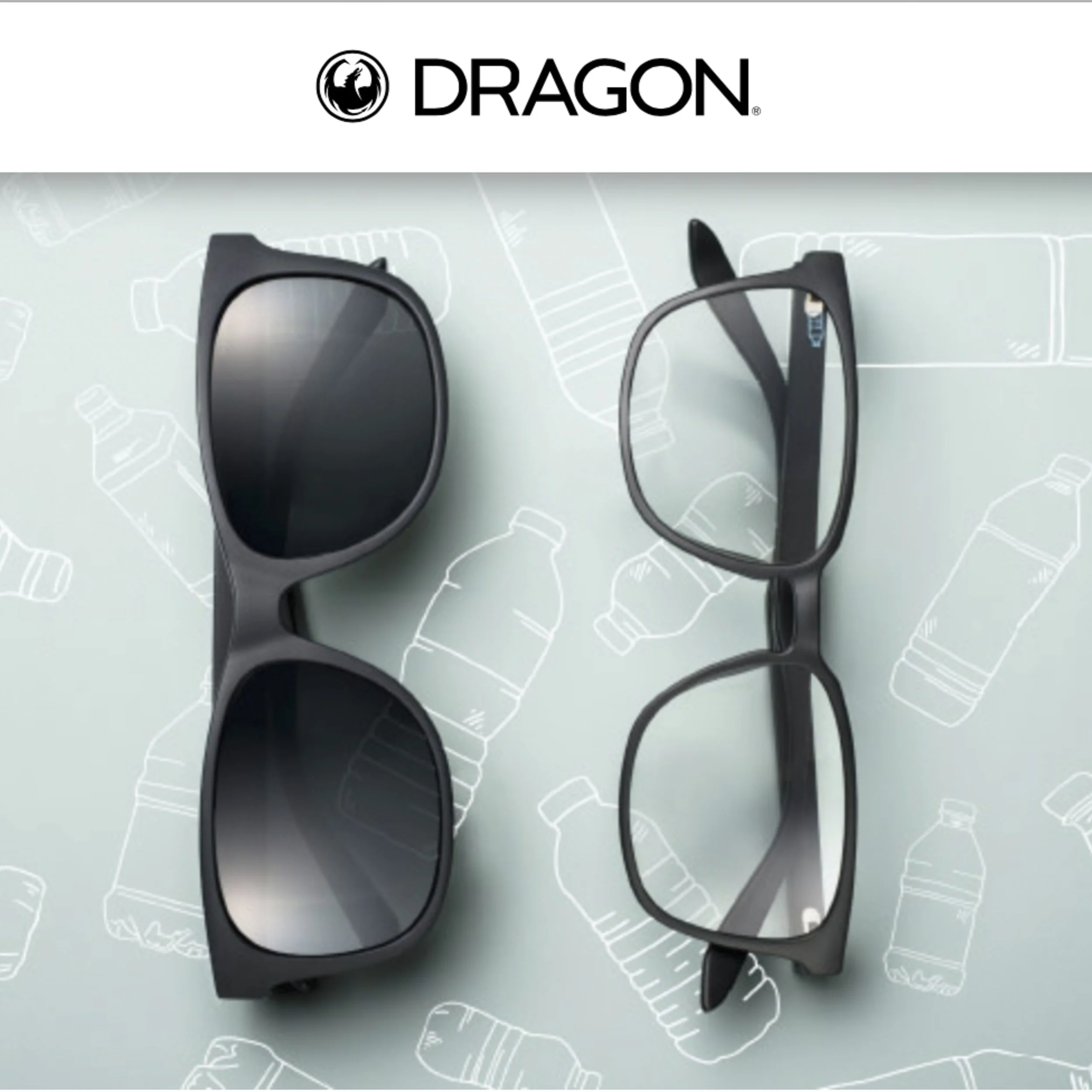 Pair of sunglasses, one with dark lenses and the other with clear lenses, on a light background with white water bottle illustrations. The water bottles have the word 'DRINK' written on them. The top of the image features a white band with a black dr