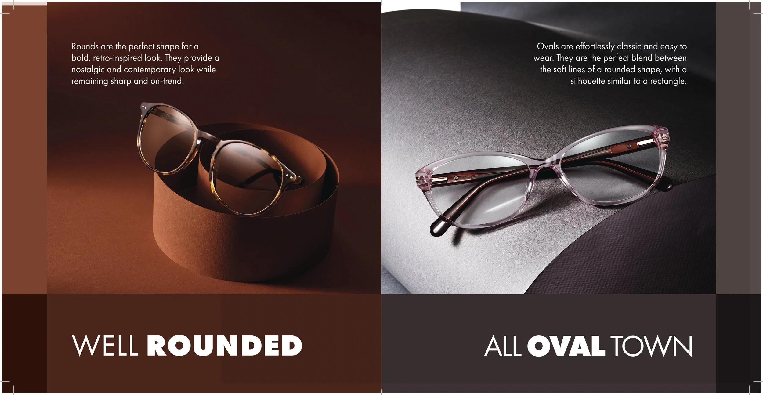 Comparison of two types of glasses: on the left, a pair of round sunglasses on a cylindrical stand with warm brown background; on the right, a pair of oval eyeglasses resting on a gray textured surface with cool gray background.