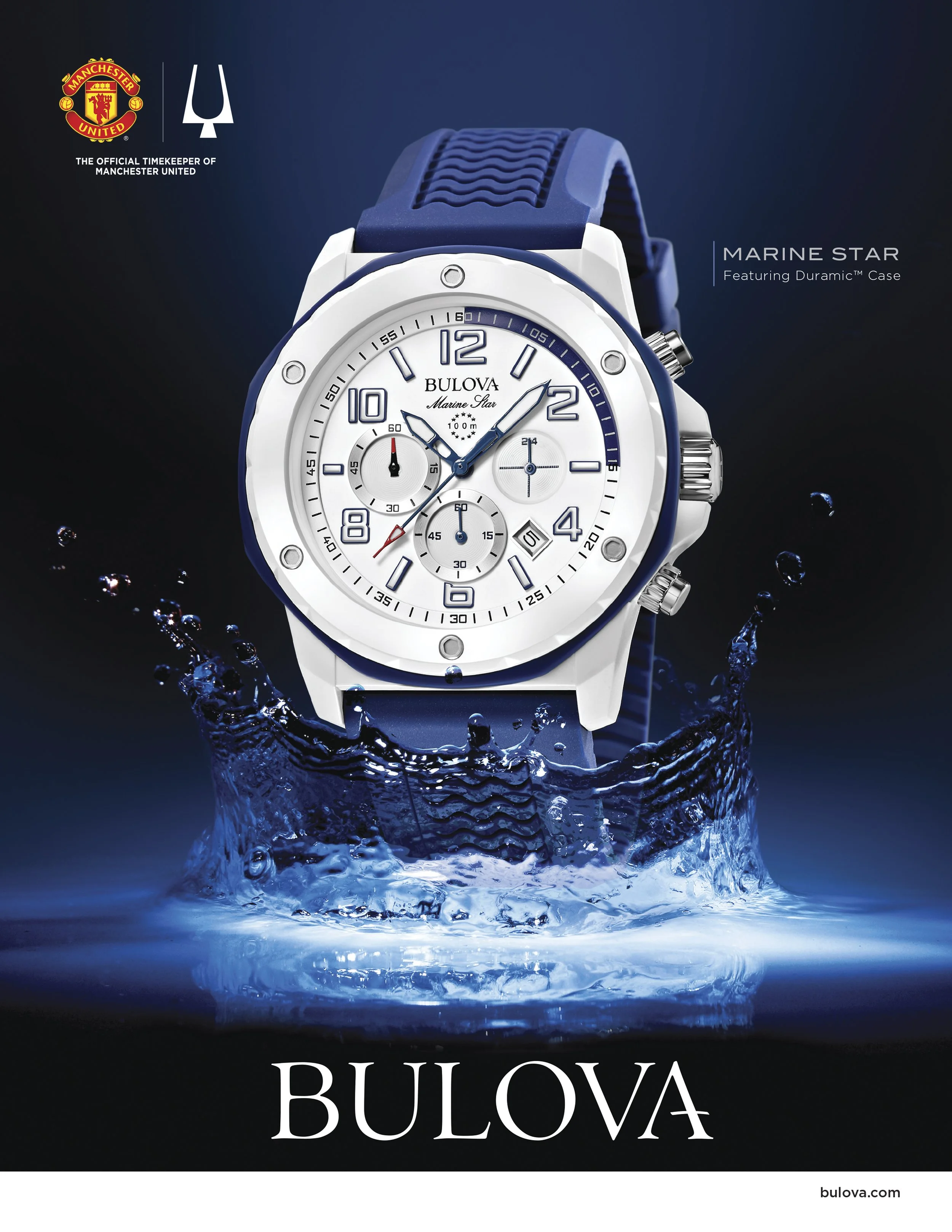 A promotional image of a Bulova Marine Star wristwatch with a white and blue design, featured with water splash and the Manchester United logo in the top left corner.