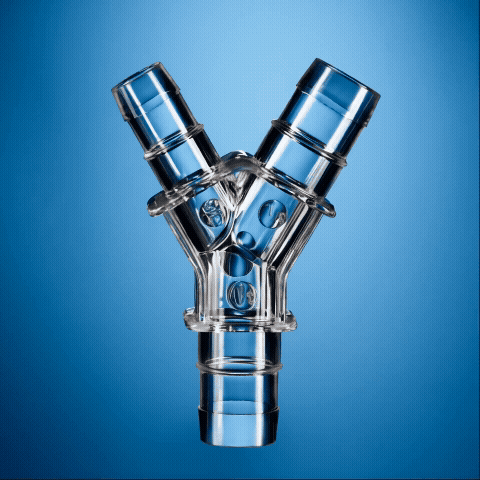 Glass Y-shaped pipe with internal blue accents and circular chambers, set against a blue background.