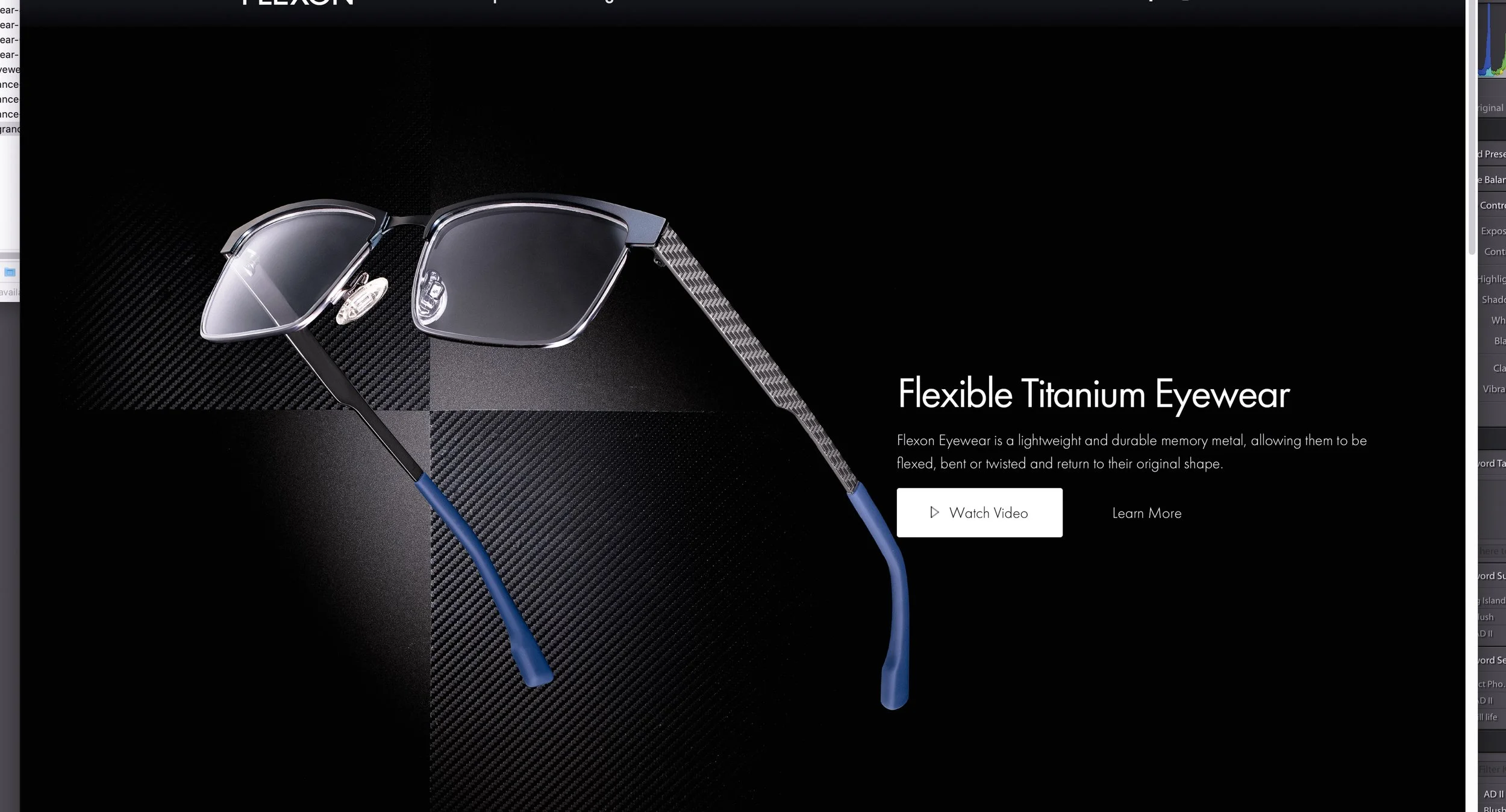 A pair of flexible titanium eyewear with dark lenses, a carbon fiber handle, and blue temple tips, displayed on a black textured background.
