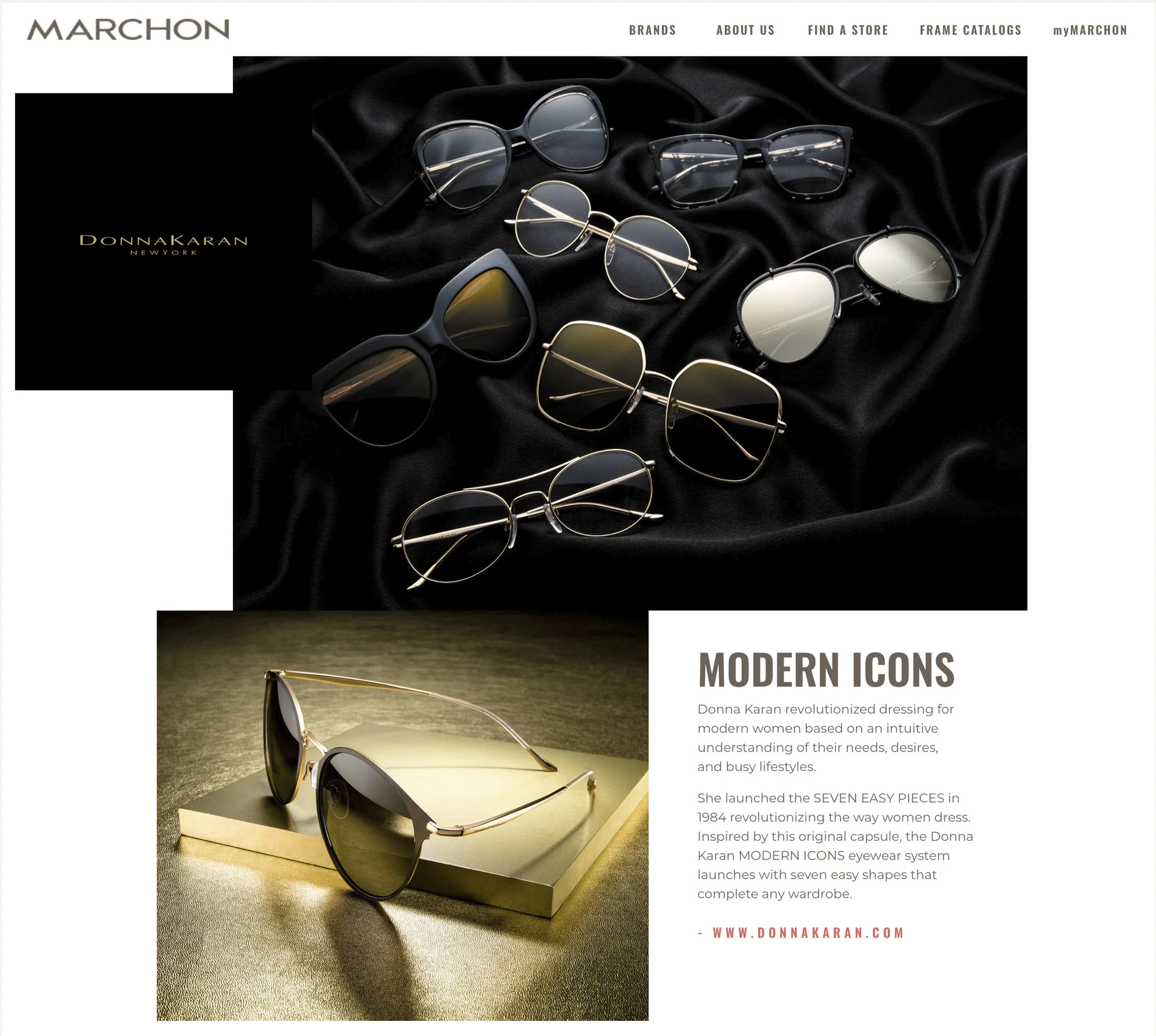 Display of various stylish sunglasses and eyeglasses on a black satin fabric with a promotional section for DONNA KARAN eyewear, featuring a close-up of a pair of sunglasses on a reflective gold surface with accompanying text about modern eyewear ico