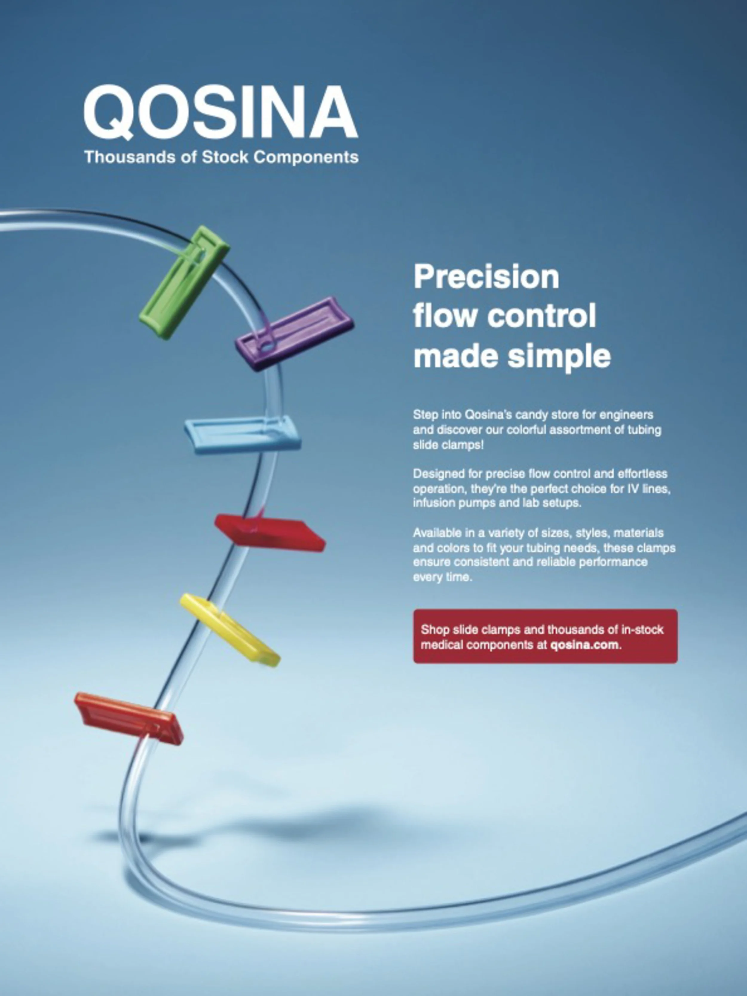 Colored tubing slide clamps in green, purple, blue, yellow, red, and orange arranged on a clear tube with a gradient blue background, featuring promotional text for Qosina's tubing slide clamps.