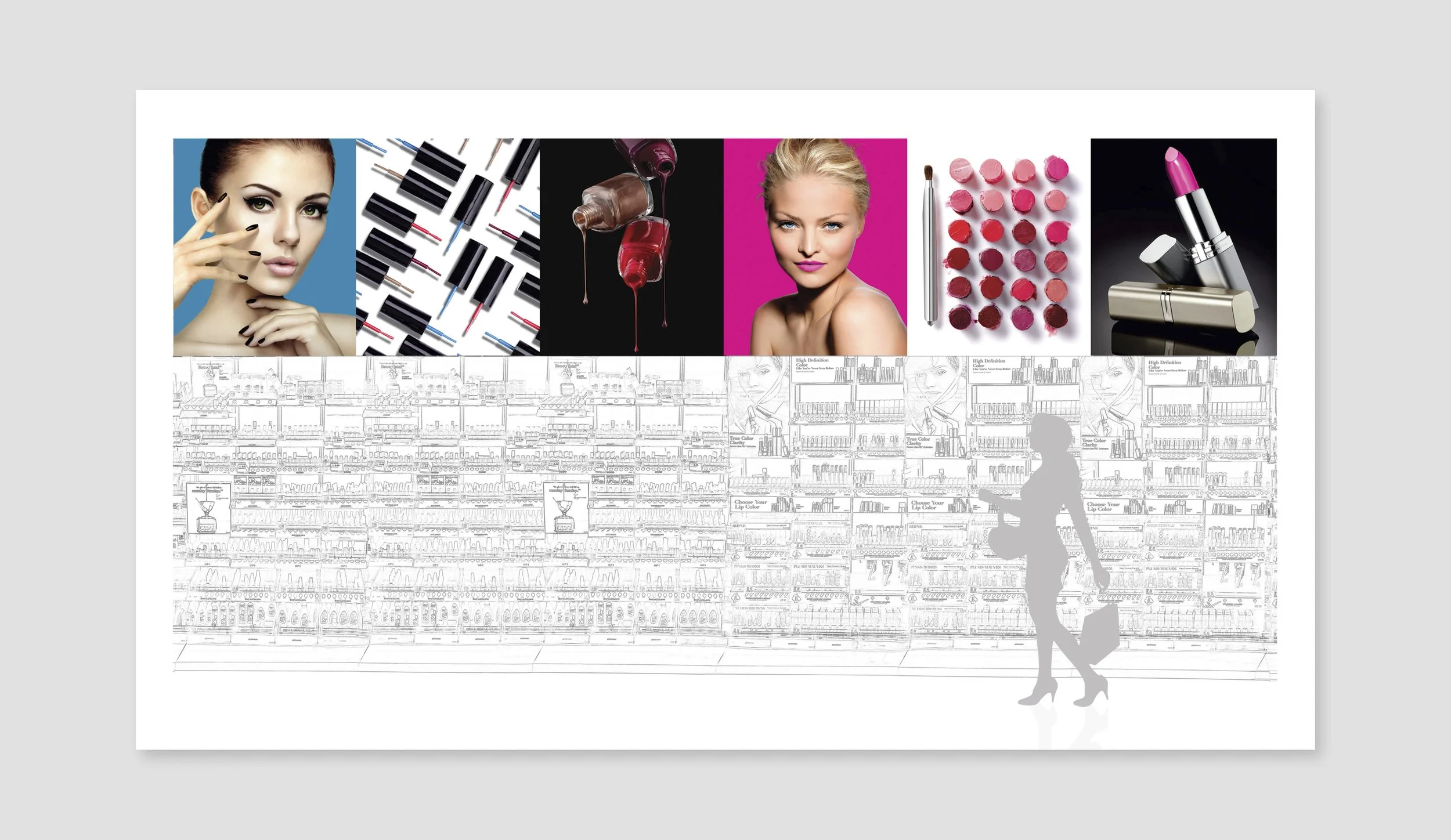 A collage of makeup products and a woman with makeup, including lipstick, nail polish, lip gloss, eye shadow, and cosmetics on a black and pink background, with a silhouette of a woman shopping in a store aisle.