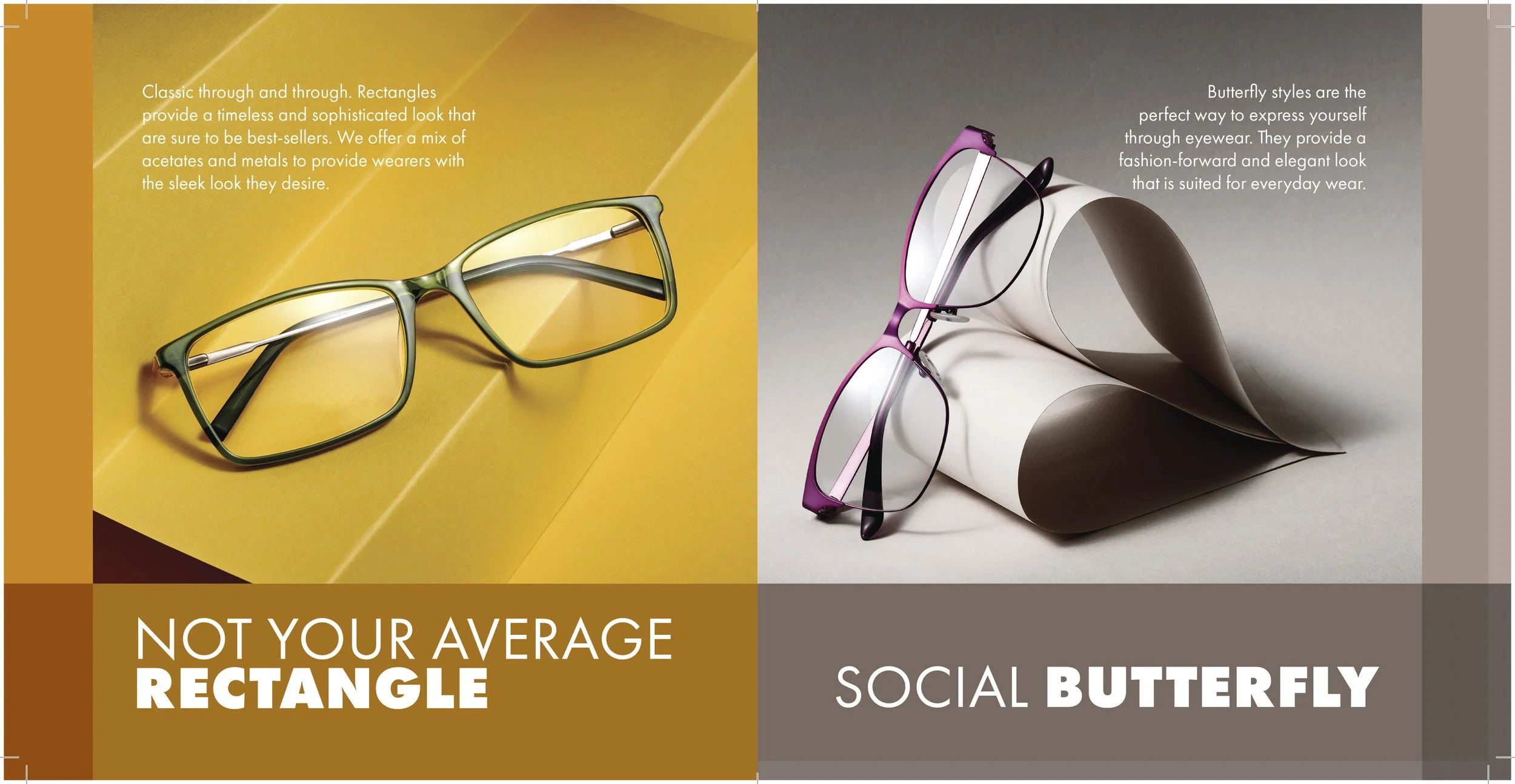 Split screen image showcasing two styles of eyeglasses, with accompanying text. Left side features a pair of rectangular glasses on a yellow background with the text promoting a classic look. Right side displays butterfly-style glasses on a neutral b