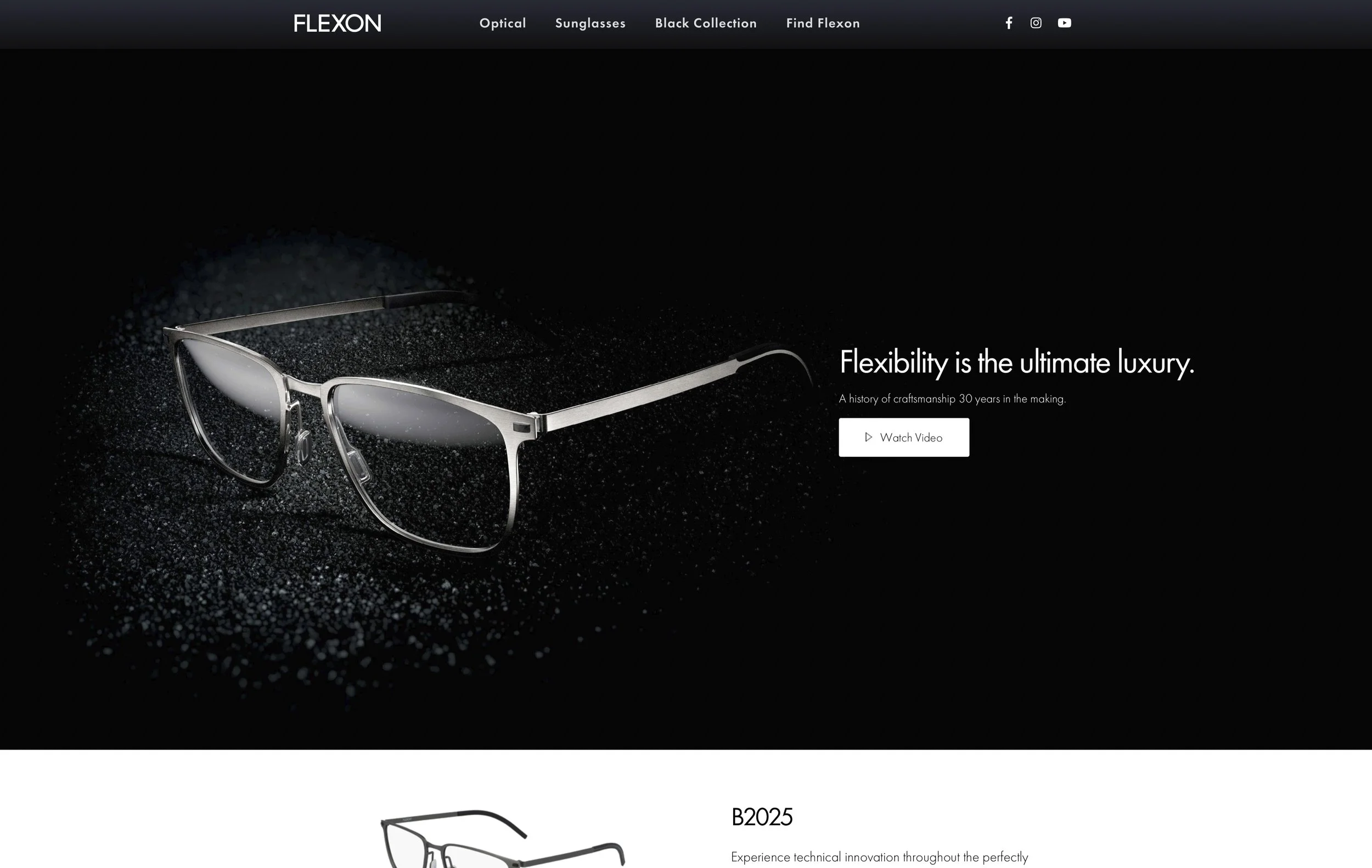A webpage displaying a pair of silver framed sunglasses on a black background with water-like speckles, along with the text "Flexibility is the ultimate luxury" and options for viewing a video.