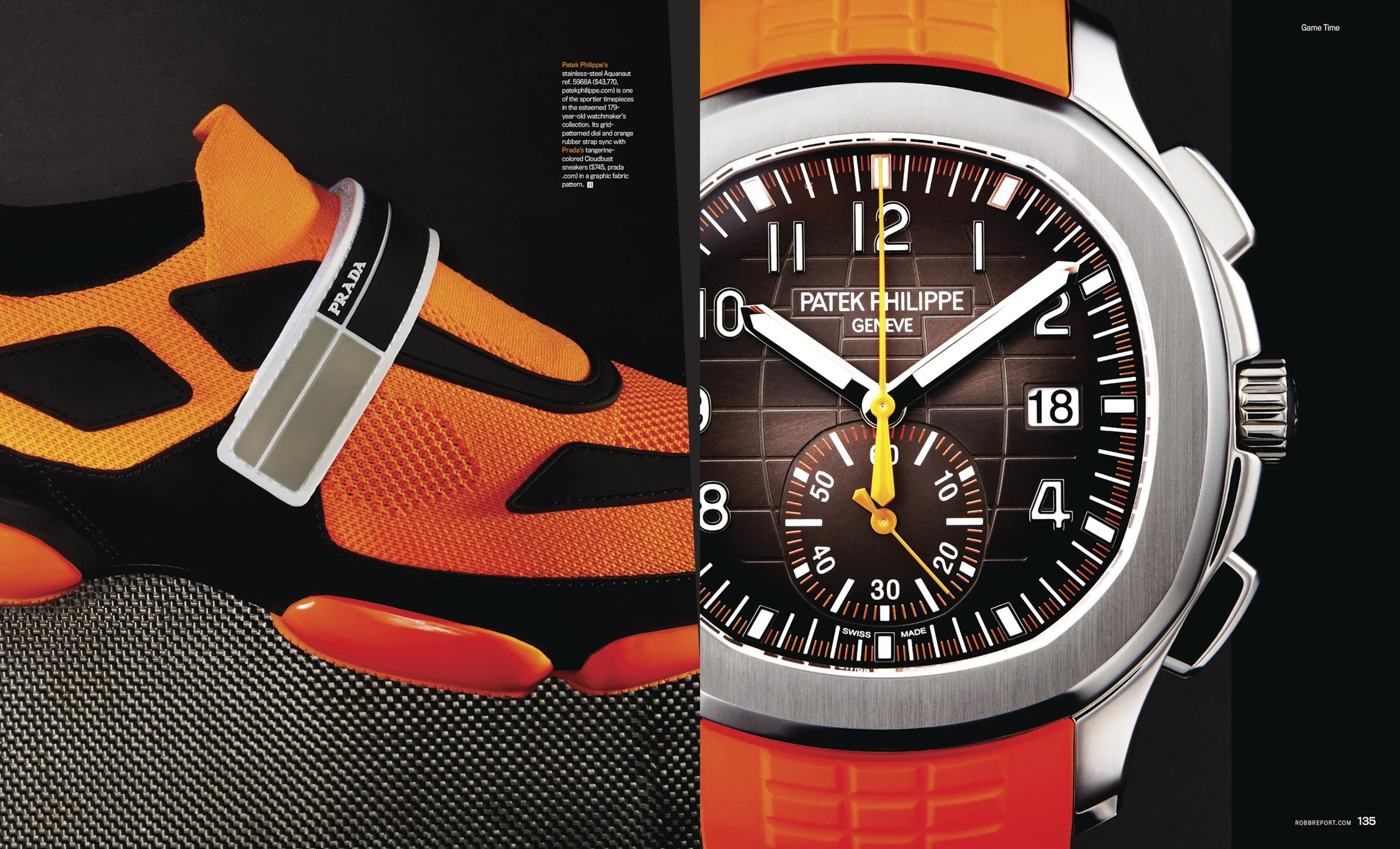 Close-up of a bright orange Prada sports shoe with black accents and a wristwatch with a black dial, orange strap, and silver case, both featuring black and orange design elements.