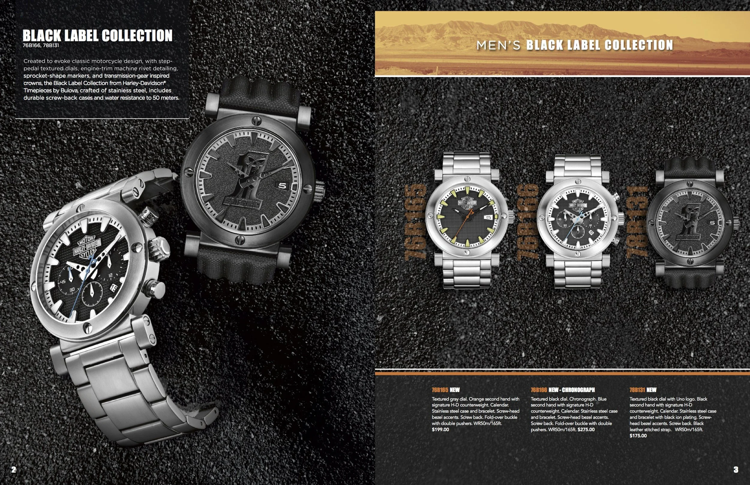 Photo of five Harley-Davidson men's wristwatches from the Black Label Collection, featuring stainless steel and textured dial designs, with some watches having chronograph functions and others with black dial faces and signature details, displayed on