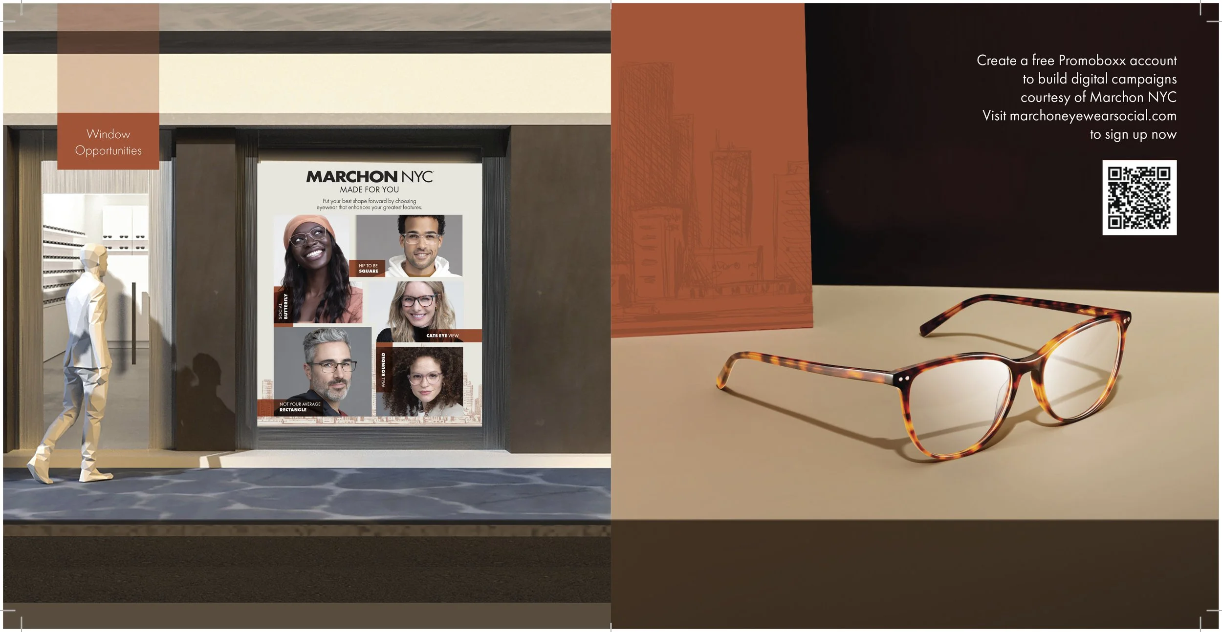 Storefront window display for Marchon NYC eyewear, featuring a digital poster with diverse models wearing glasses. To the right, a pair of tortoiseshell glasses is placed on a surface, with promotional text and a QR code.