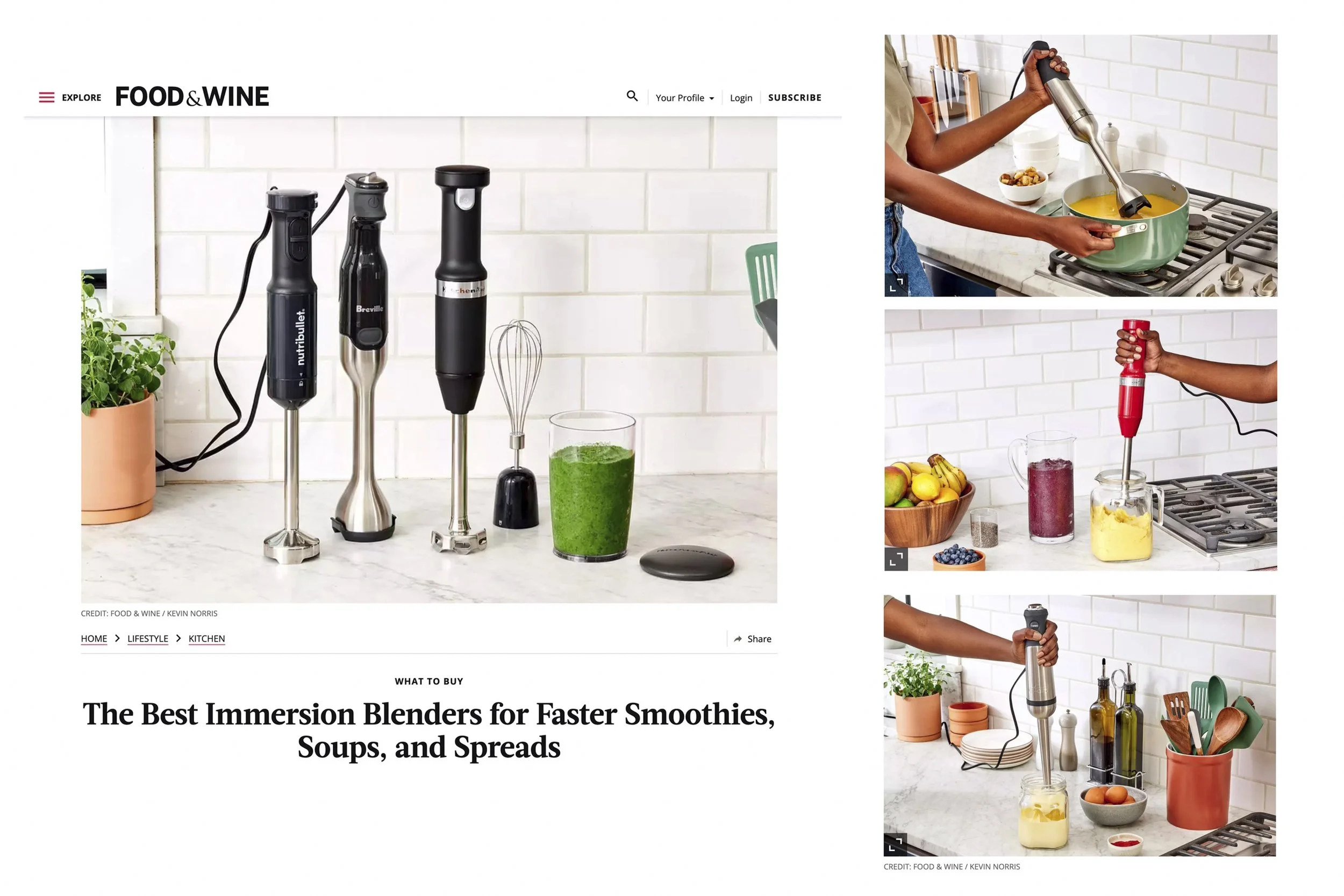 A webpage featuring immersion blenders on a kitchen counter, with images showing a person using different blenders for making smoothies and soups.