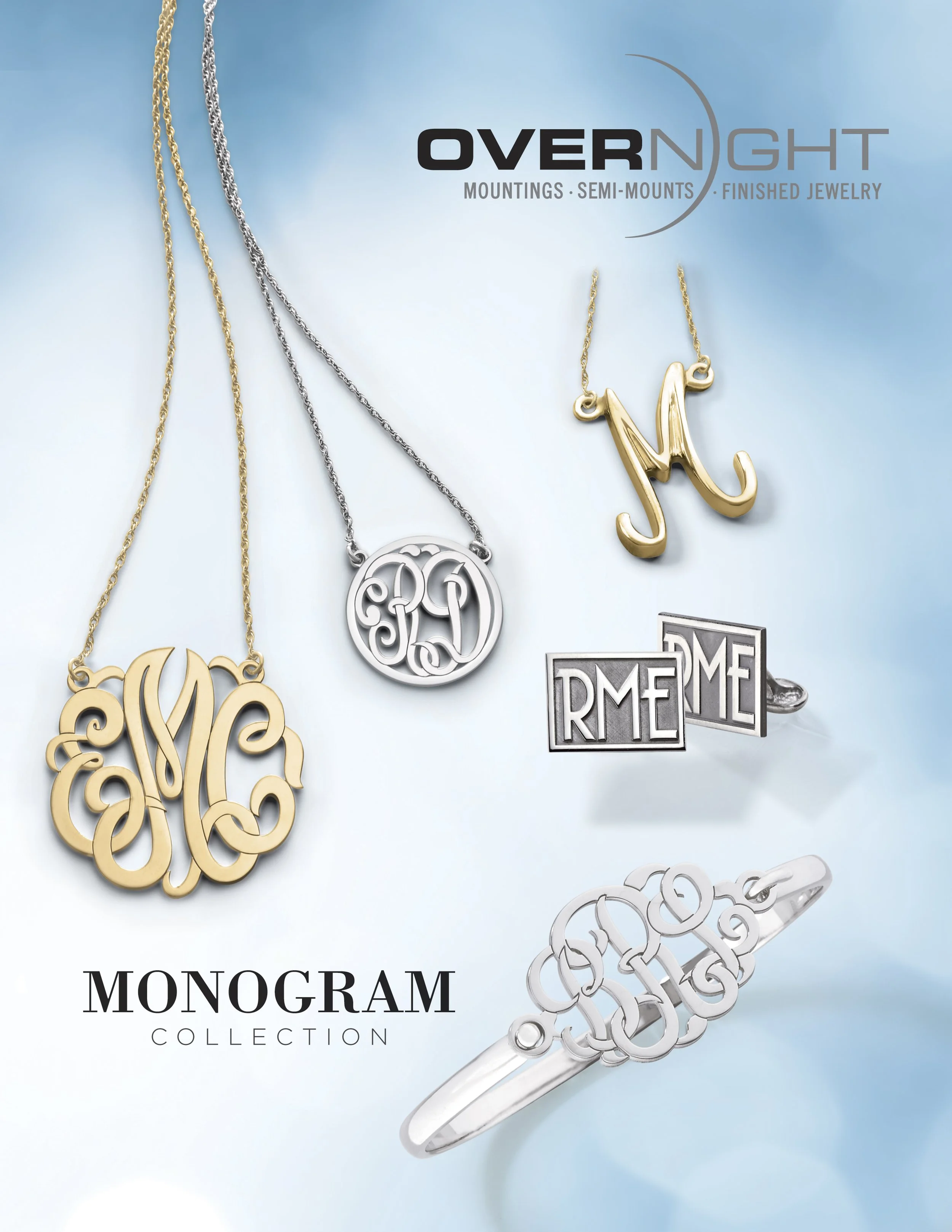 Collection of monogram jewelry including necklaces, a ring, and a bracelet with intricate letter designs against a soft blue background.