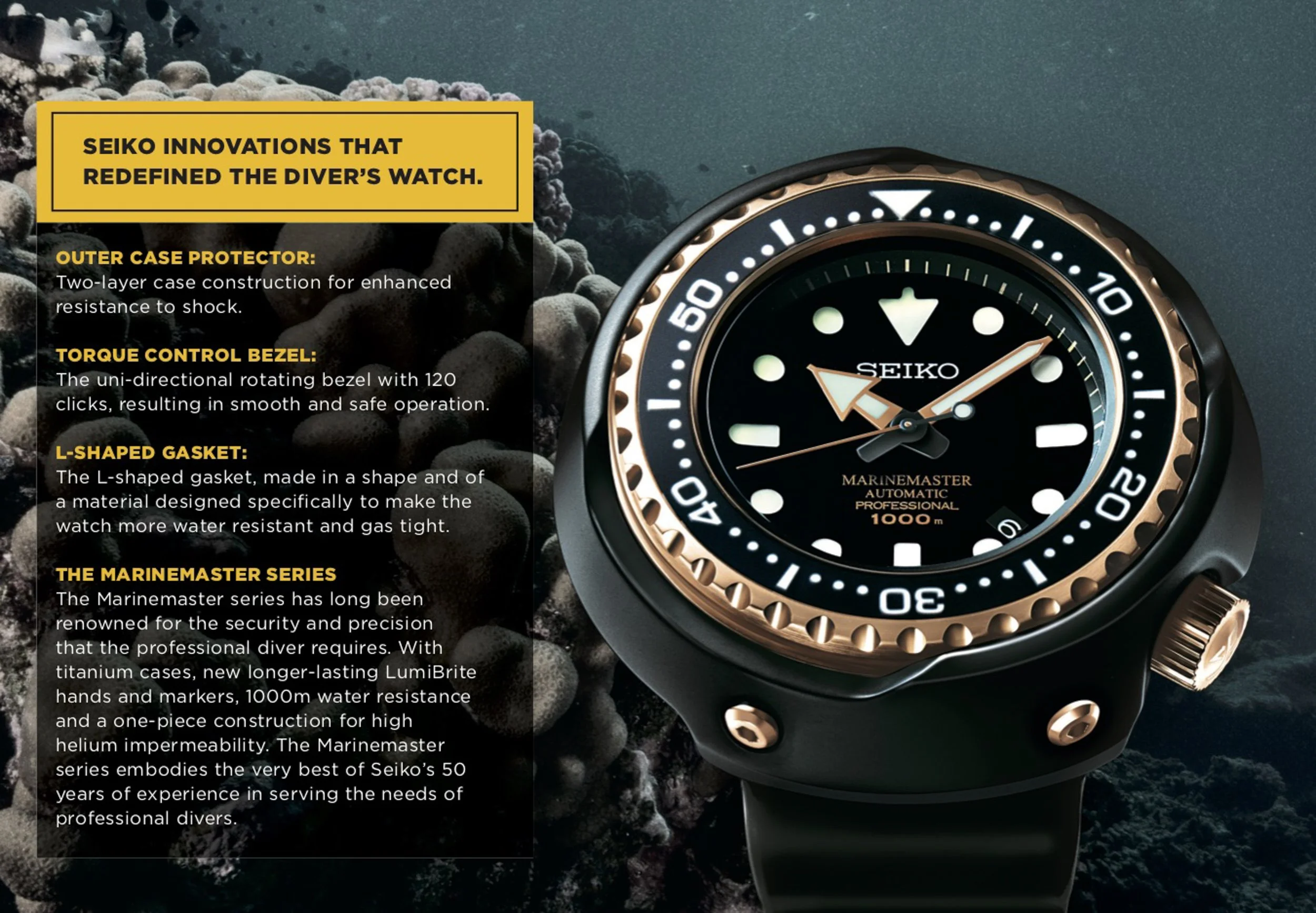 A Seiko Marinemaster dive watch with a black face and gold accents on the bezel and crown, set against an underwater background with rocks and bubbles.