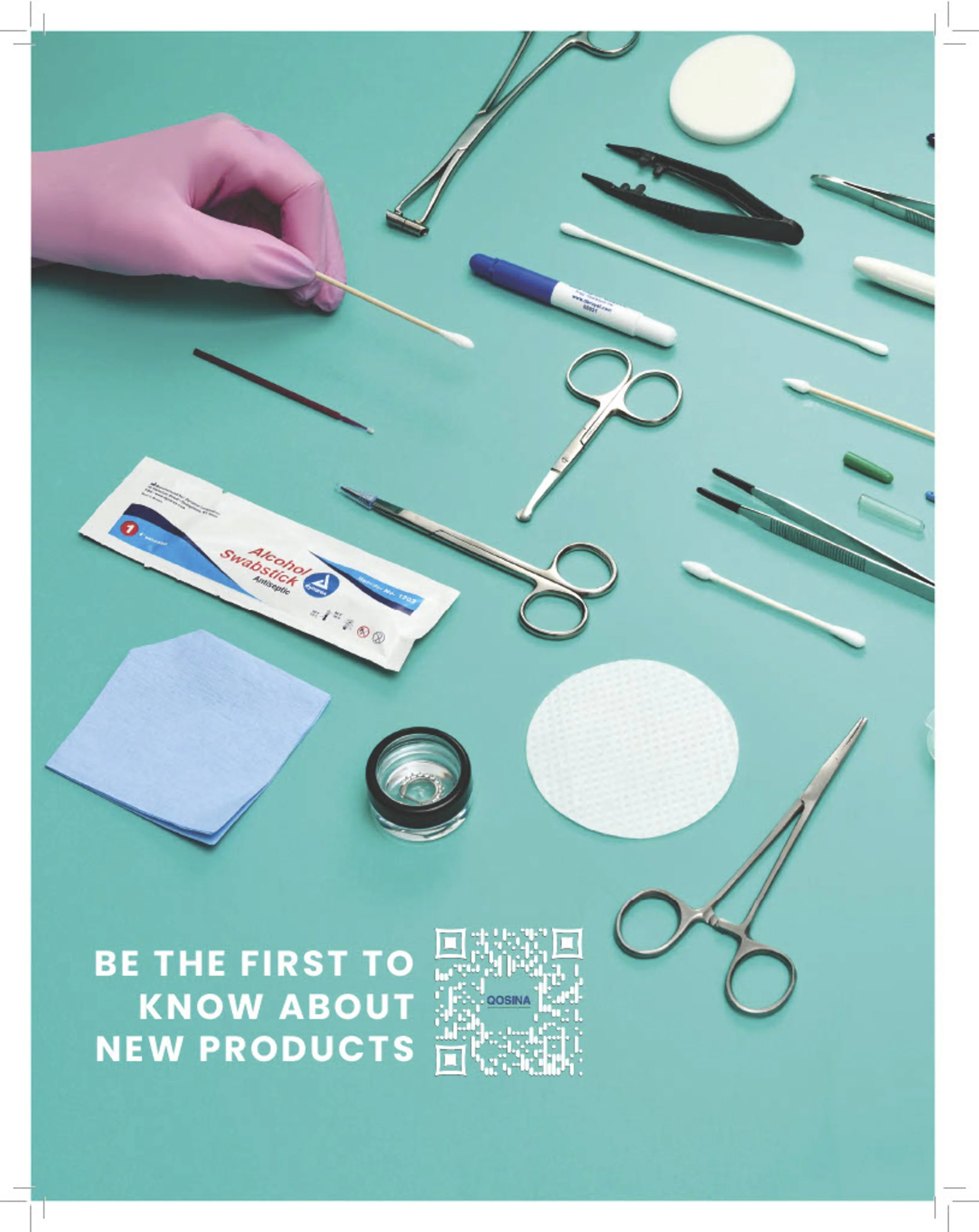 Collection of medical tools and supplies, including scissors, tweezers, swabs, and alcohol wipe on a green background with a gloved hand holding a cotton swab.