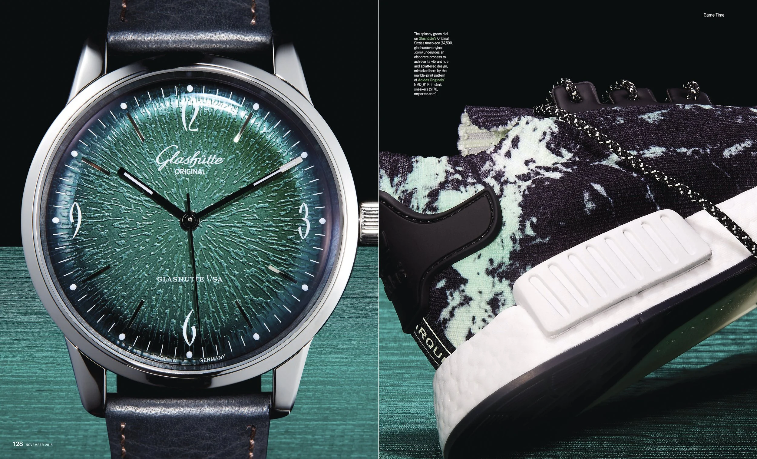 A close-up of a Glashütte Original wristwatch with a green textured dial and black leather strap on the left side, and on the right side, a close-up of a sneaker with a black and white patterned upper, a white midsole, and a black chain-link necklace