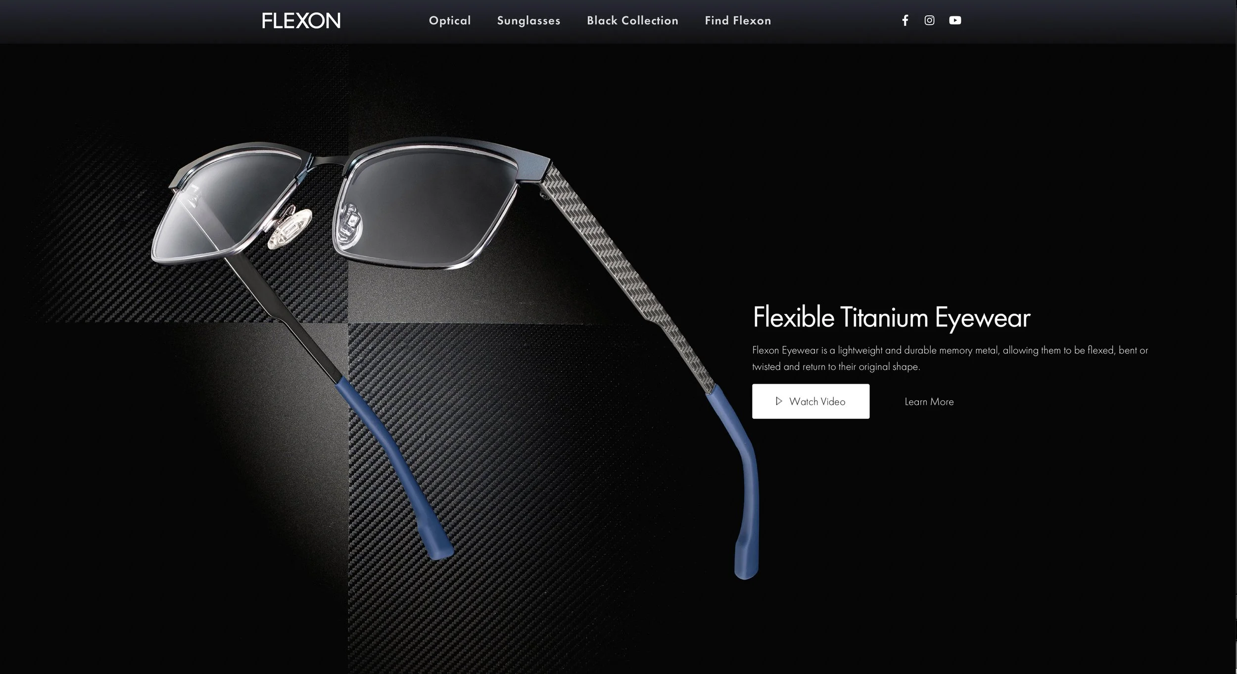 Close-up of FLEXON Flexible Titanium Eyewear, featuring a lightweight frame with carbon fiber pattern on the temple and blue temple tips, against a black textured background.