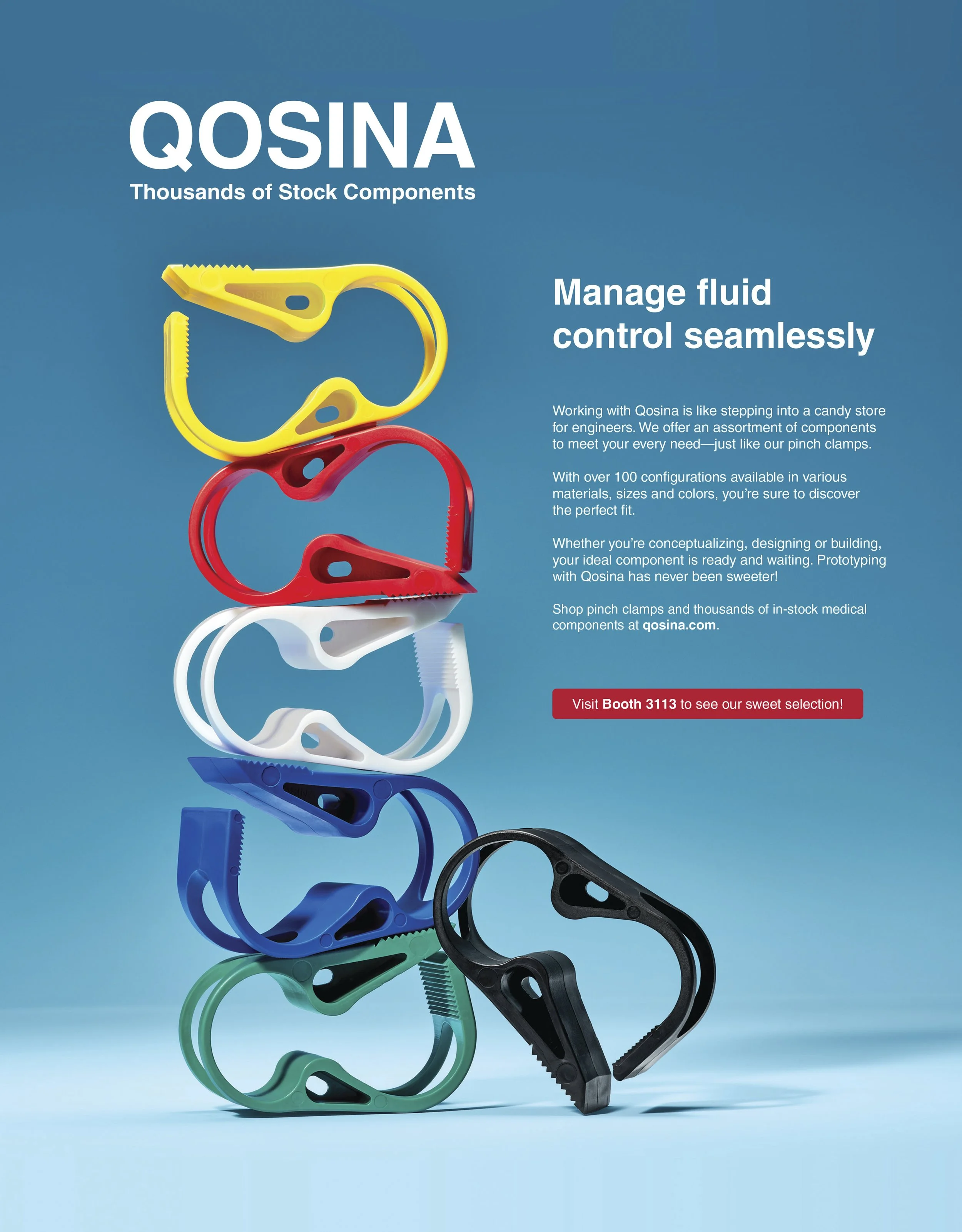 Advertisement for Qosina interchangeable pinch clamps in various colors and sizes, with text about managing fluid control and visiting booth 3113.