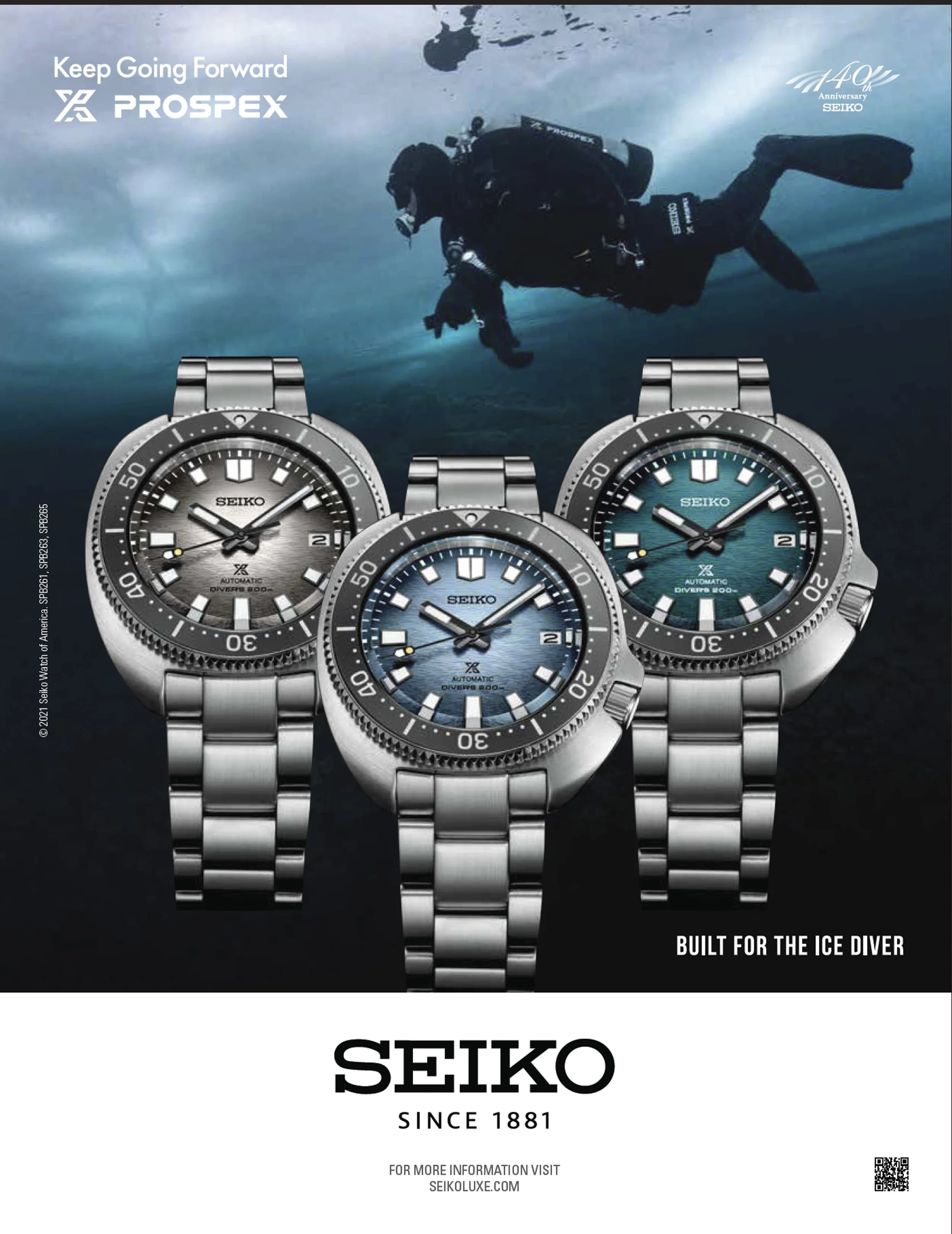 Advertisement for Seiko diving watches featuring three models with ocean backgrounds and a diver in the water, with the slogan 'Built for the Ice Diver' and Seiko branding.