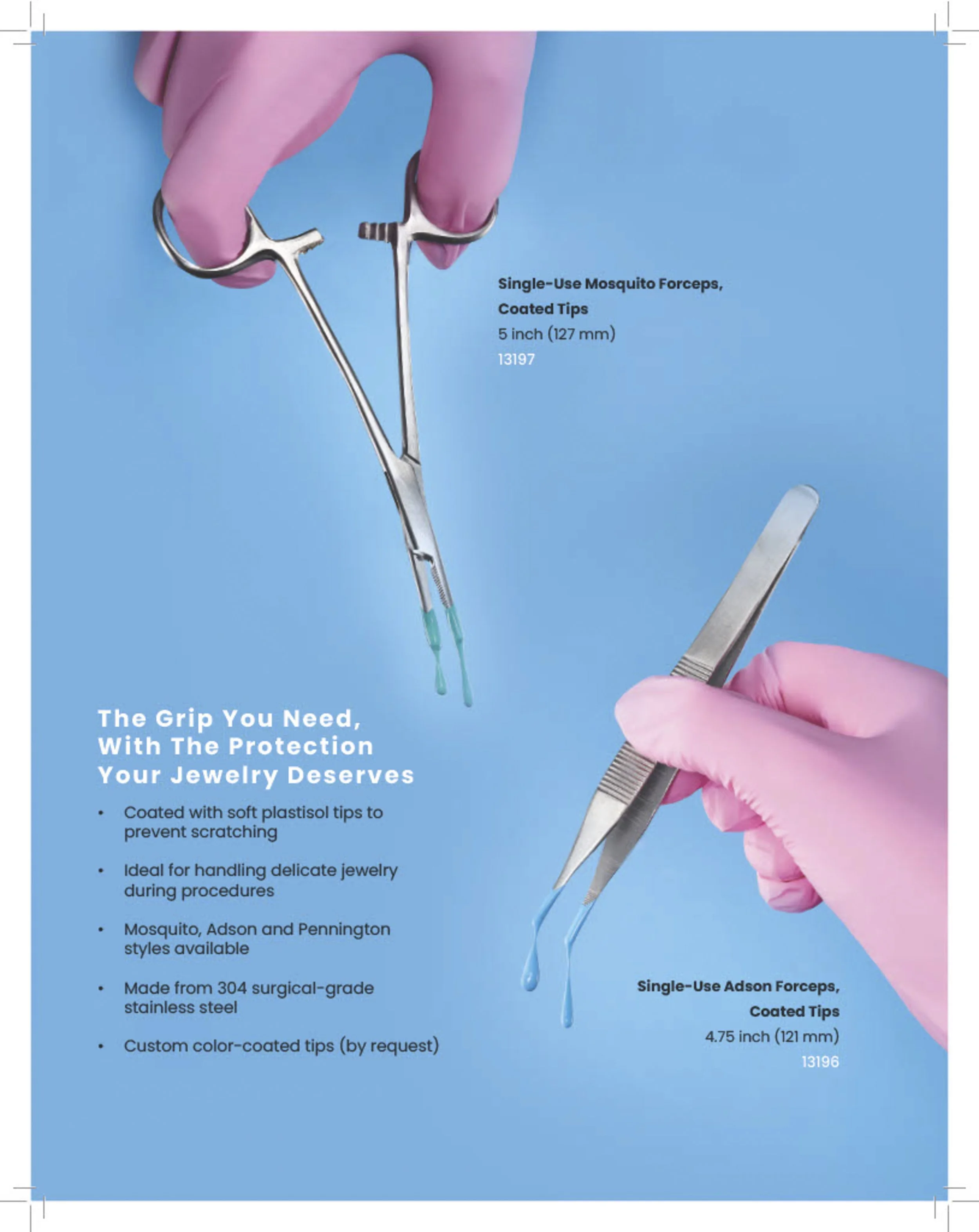 A person holding two types of jewelry forceps, one with coated tips for handling delicate jewelry and another without, on a blue background. The forceps are labeled with their lengths: 5 inches and 4.75 inches.