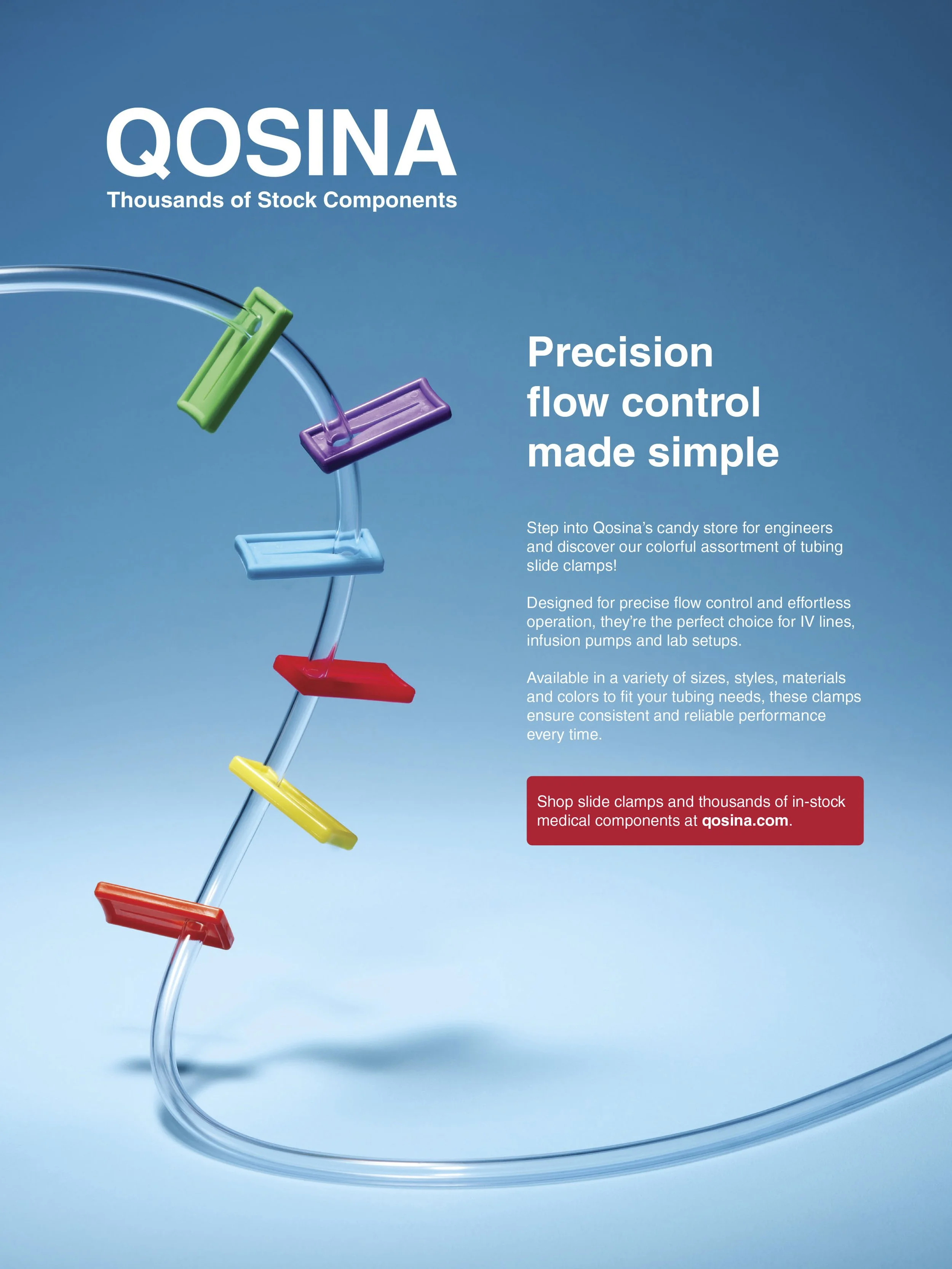 Advertisement for Qosina tubing slide clamps in various colors with a fluid tube running through them, highlighting precision flow control for medical applications.