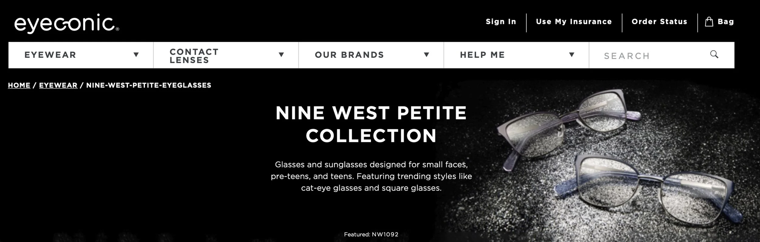 Screenshot of eyeglasses webpage featuring Nine West Petite Eyewear collection with two pairs of glasses on a sparkly surface.