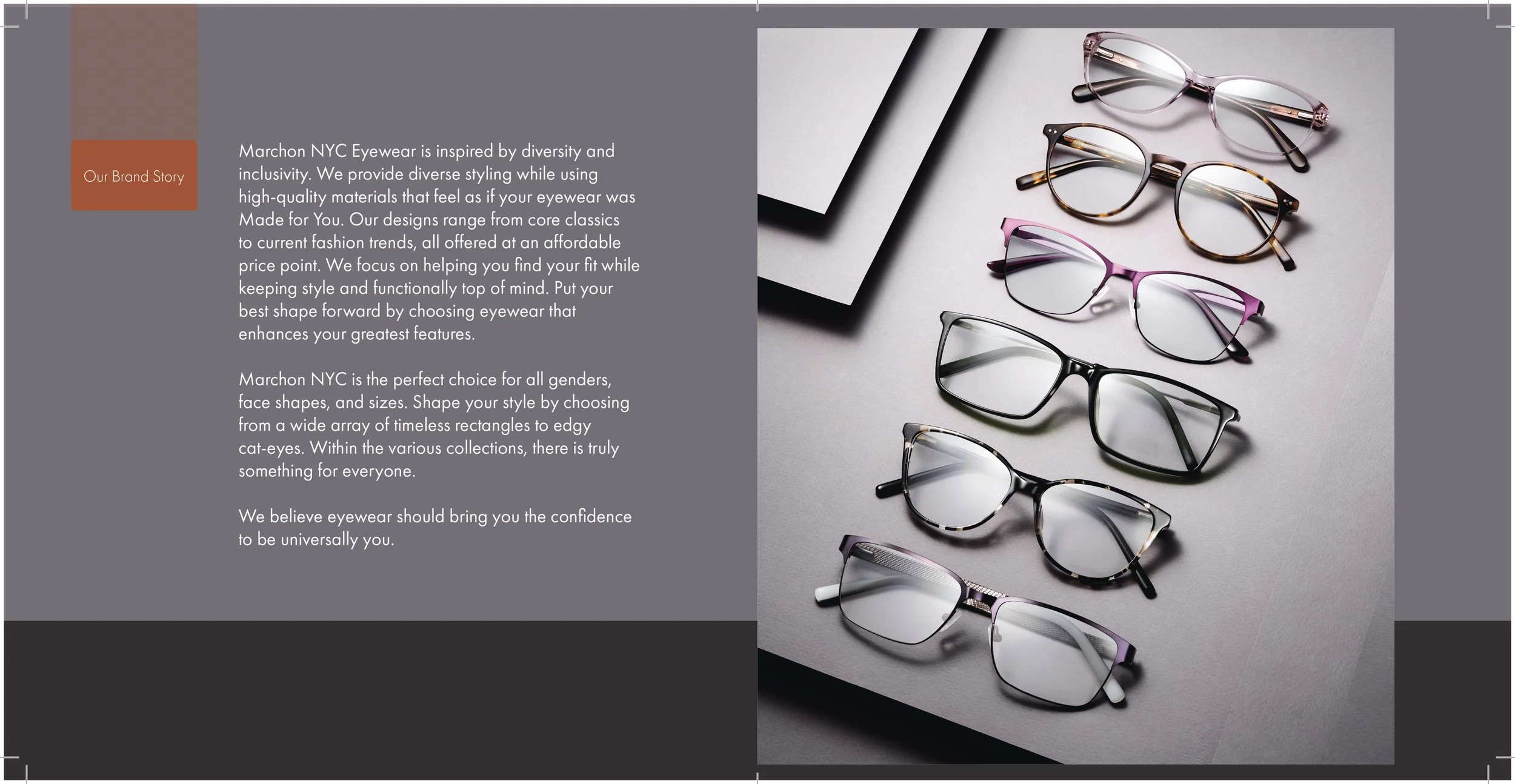 A display of seven pairs of glasses with different styles and colors arranged on a flat surface, with some paper or cards nearby.