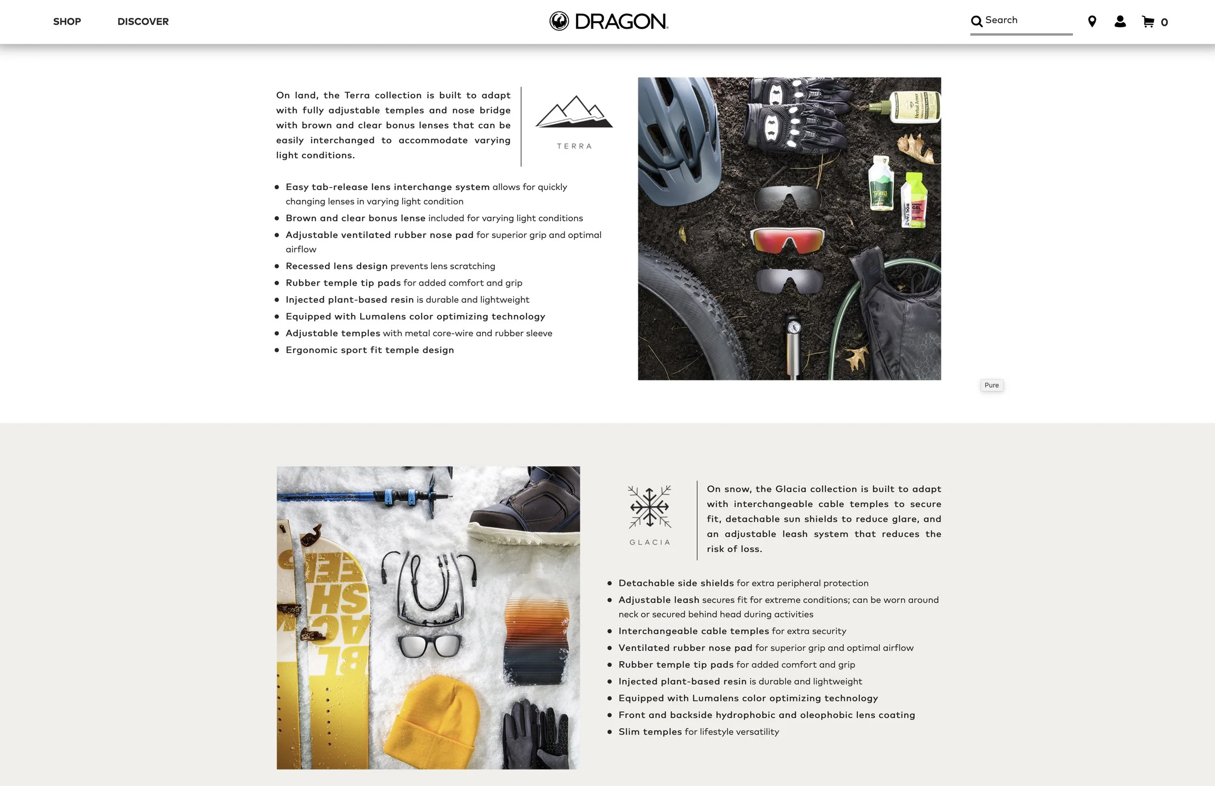 Product comparison of two outdoor gear collections, Terra and Glacia, showing features and equipment related to cycling and snow activities. Terra collection includes sunglasses, gloves, helmet, and bike accessories. Glacia collection features snow g