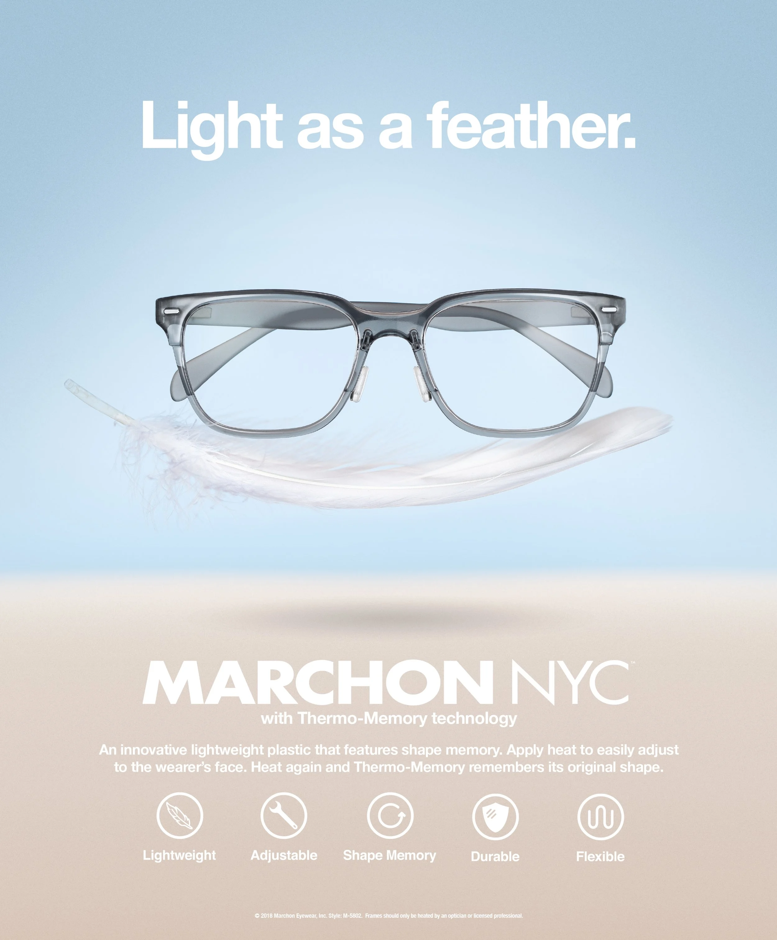 Advertising poster for Marchon NYC glasses with Thermo-Memory technology, featuring a pair of glasses floating above a white feather against a light blue background, with descriptive text and icons for lightweight, adjustable, shape memory, durable,