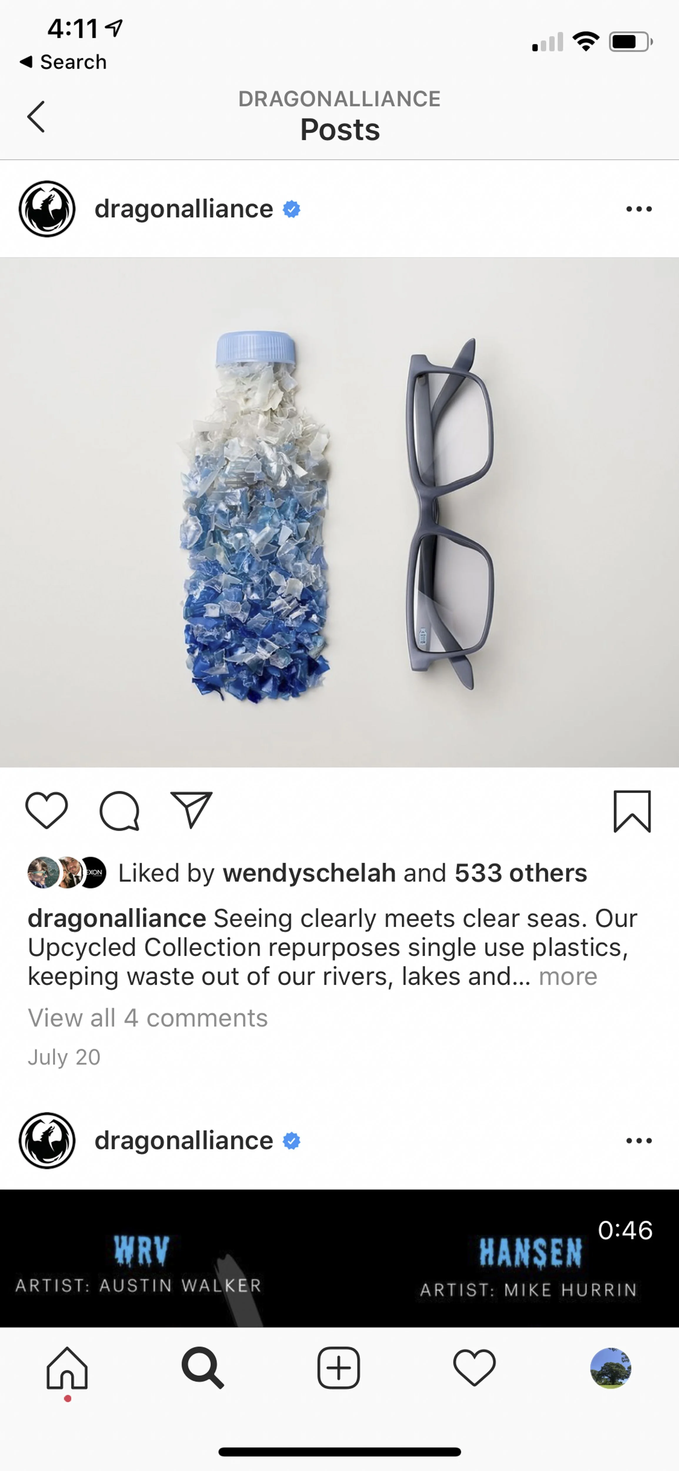 A plastic bottle filled with crushed plastic and a pair of eyeglasses on a white background.
