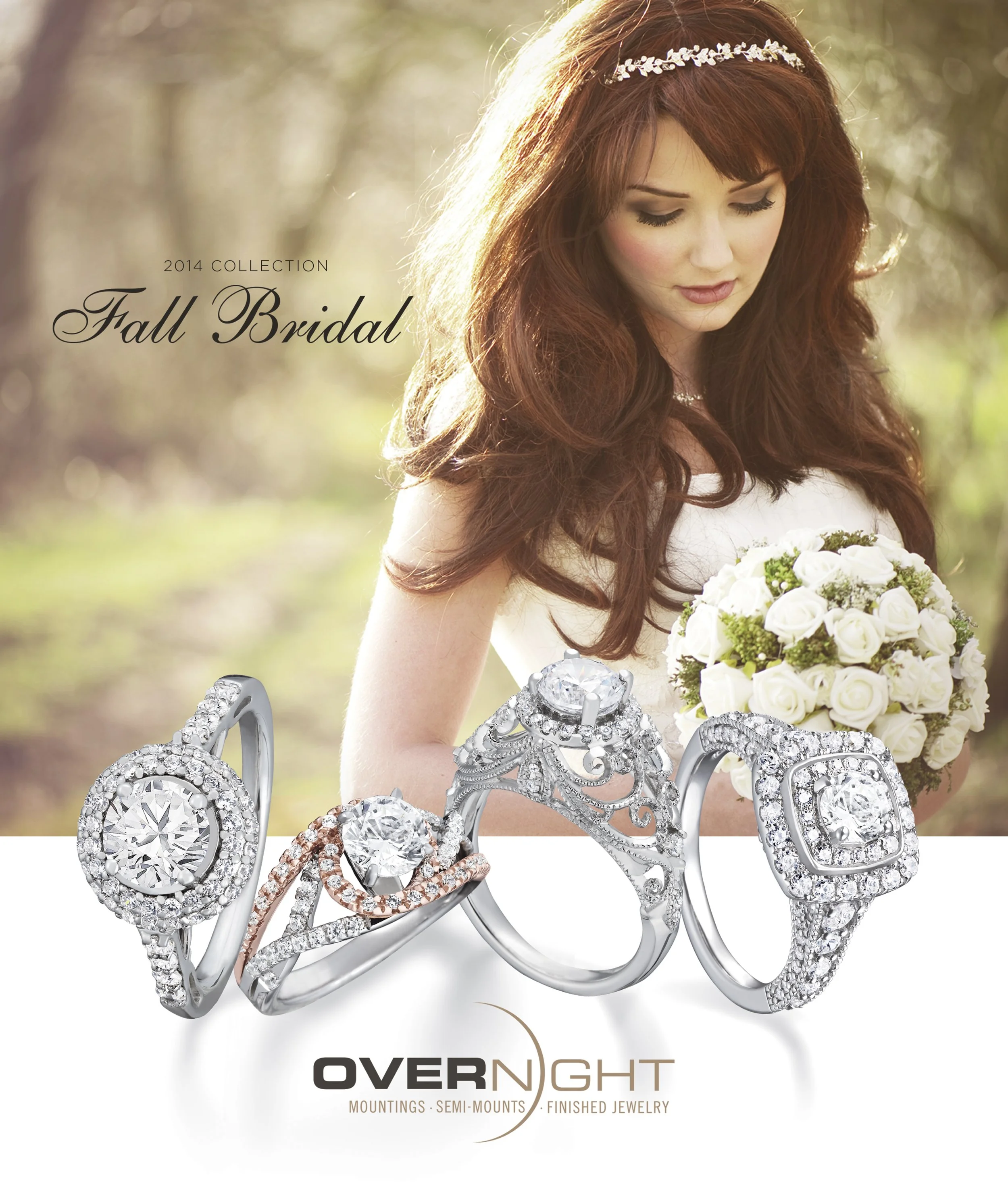 A bridal advertisement featuring a woman in a white wedding dress holding a bouquet of white roses, with four diamond rings displayed in the foreground, set against a blurred outdoor background.