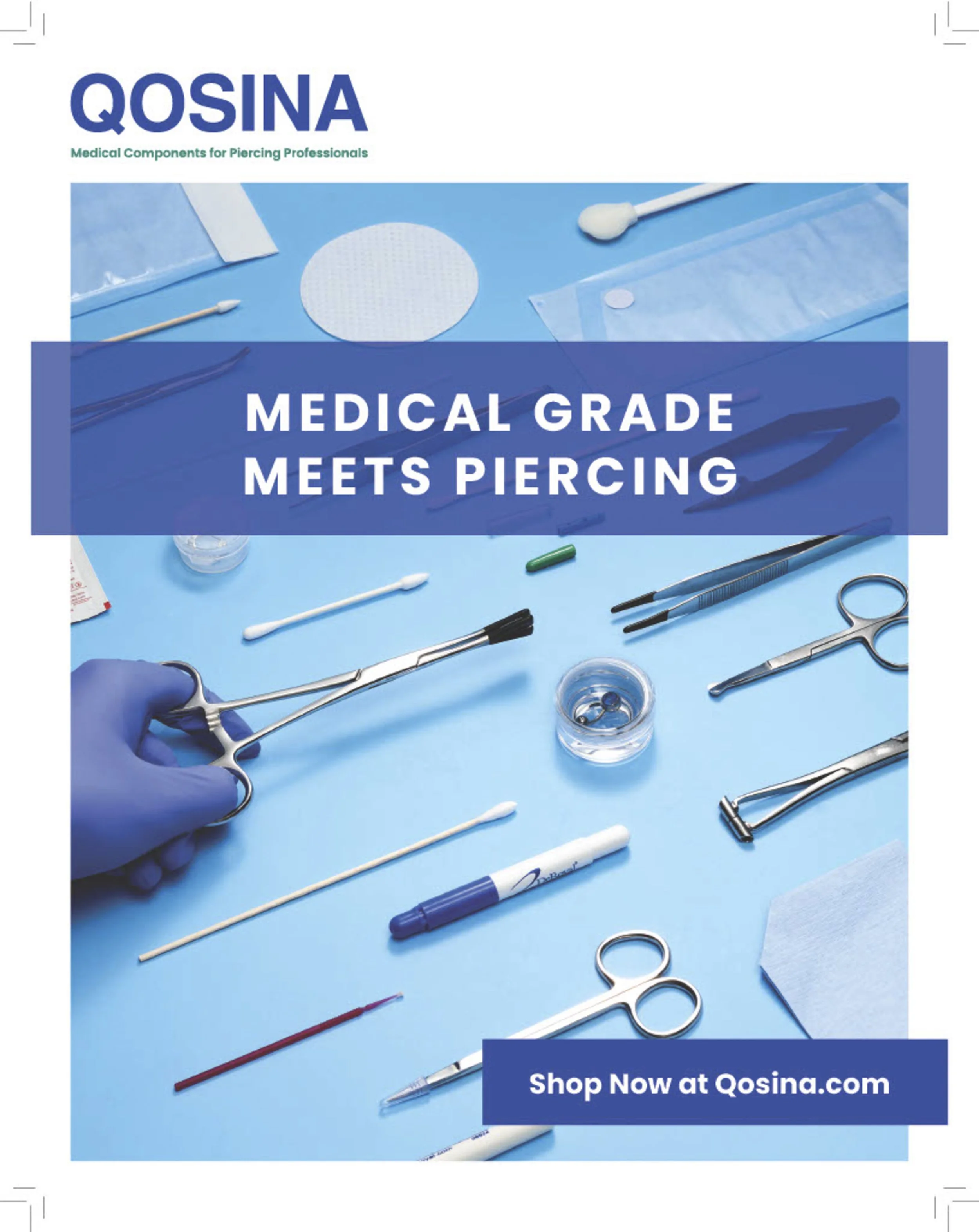 Cover of a Qosina medical supply catalog displaying various sterile surgical instruments and supplies on a blue background, with promotional text and website link.