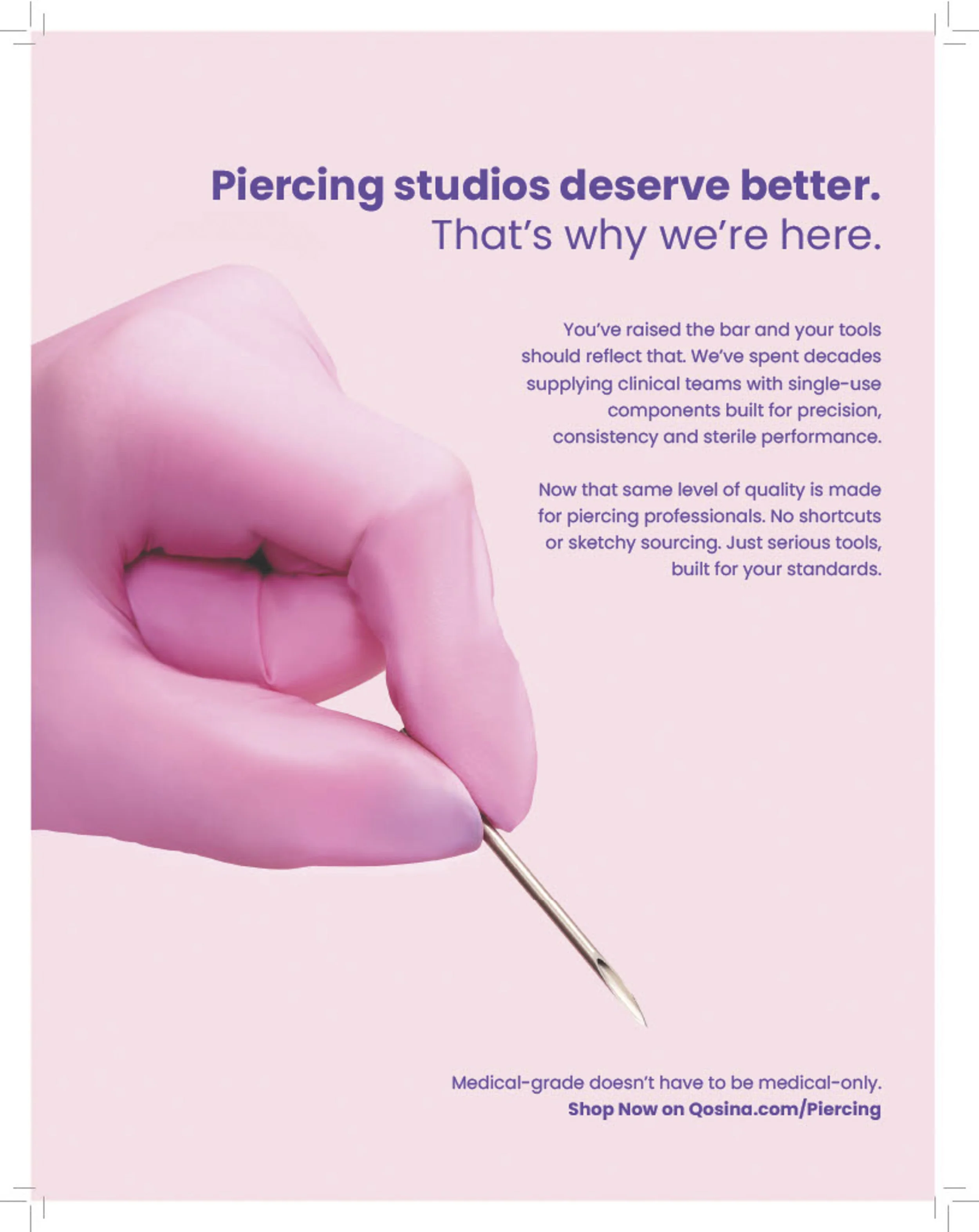 A person wearing pink medical gloves holding a piercing needle, with the background and part of the text on the flyer. The flyer has purple and pink colors and promotes professional piercing tools and equipment.