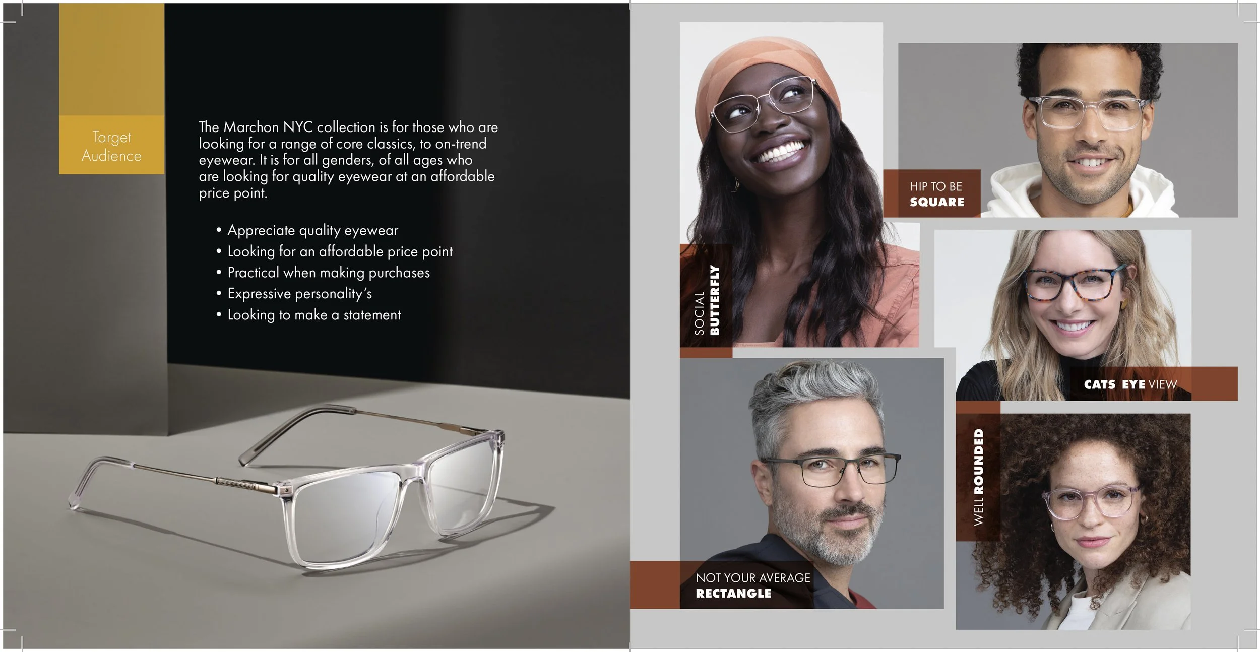 A flyer advertising the Marchon NYC collection of eyewear, featuring a pair of transparent square glasses. The flyer includes images of four models wearing glasses with different face shapes and descriptions such as "social butterfly," "hip to be squ