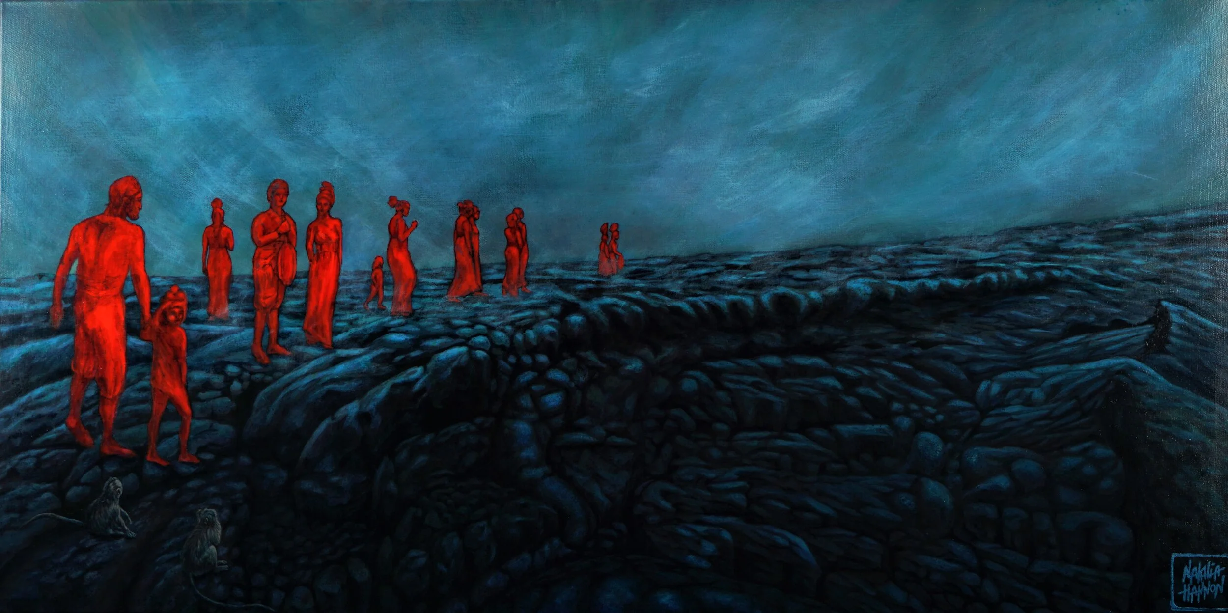  Outsiders. Acrylic &amp; ink on canvas, 24” x 48”   