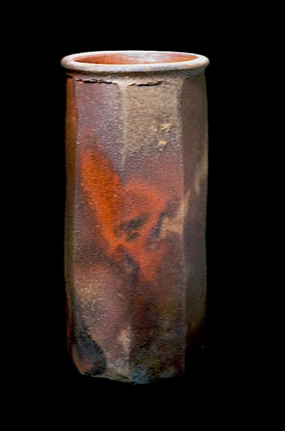 Faceted Vase Form woodfired with Red Mark.  V=Collection Museum of Modern Art NYC