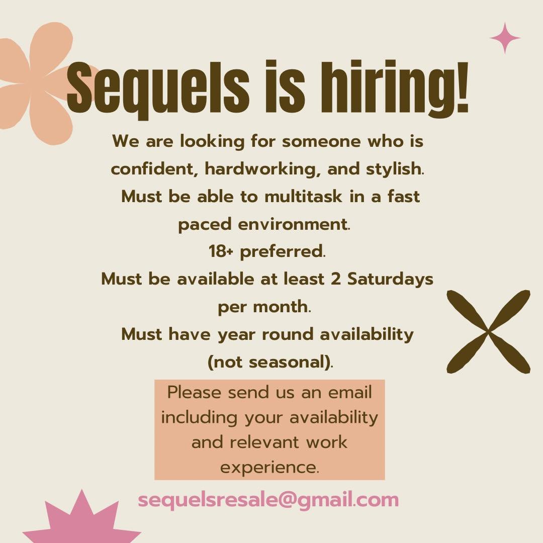 Hi Friends!🙋&zwj;♀️

We are hiring!! If you are interested and match the requirements above please email us at sequelsresale@gmail.com !!