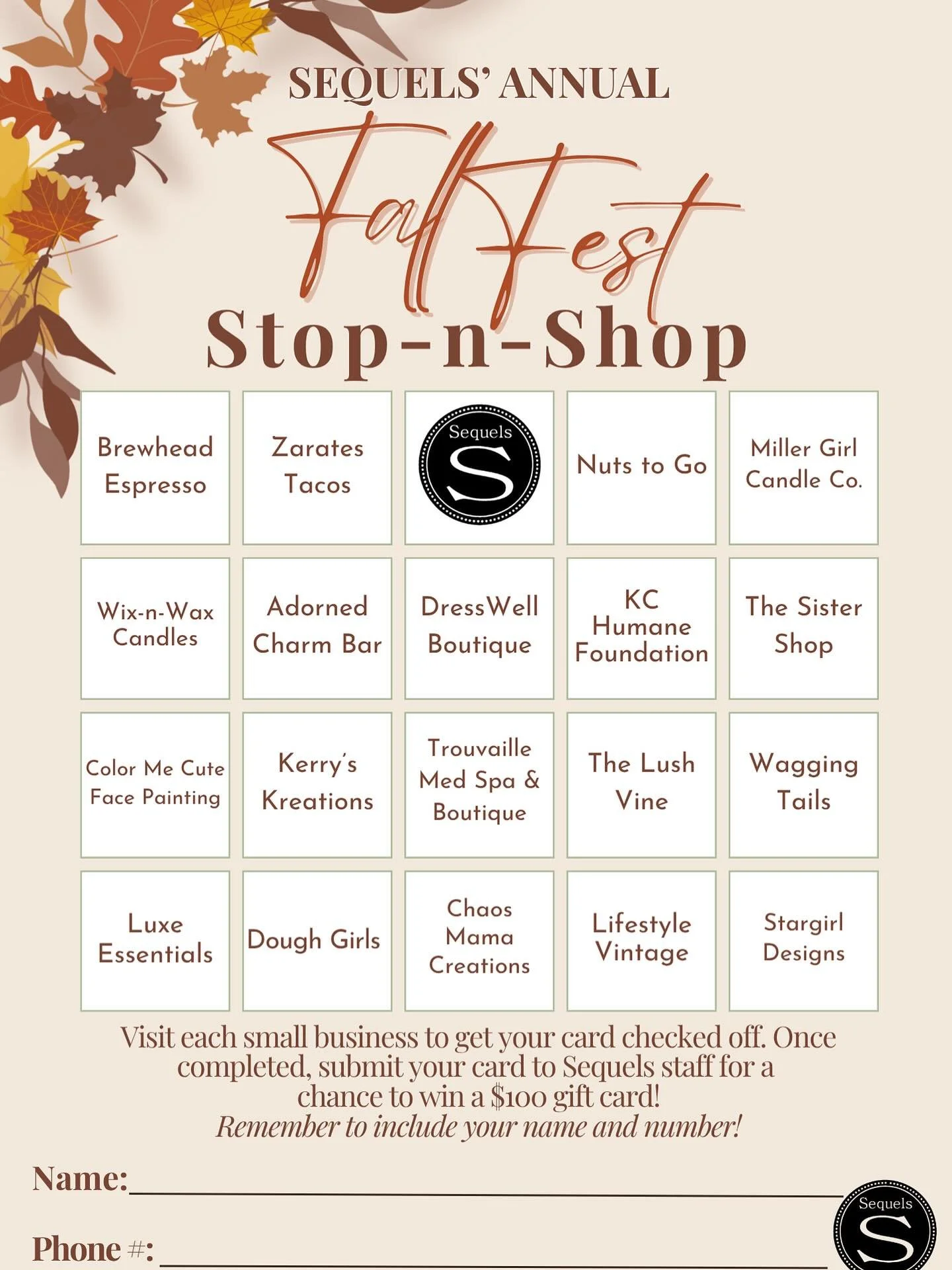 🍂 It&rsquo;s time for Sequels&rsquo; Annual Fall Fest! 🍁
TONIGHT &mdash; Saturday, October 11th, 4&ndash;7 PM

Play our Stop-n-Shop game for your chance to win a $100 Sequels Gift Card!
🛍️ Visit each small business, collect all your marks, and tur