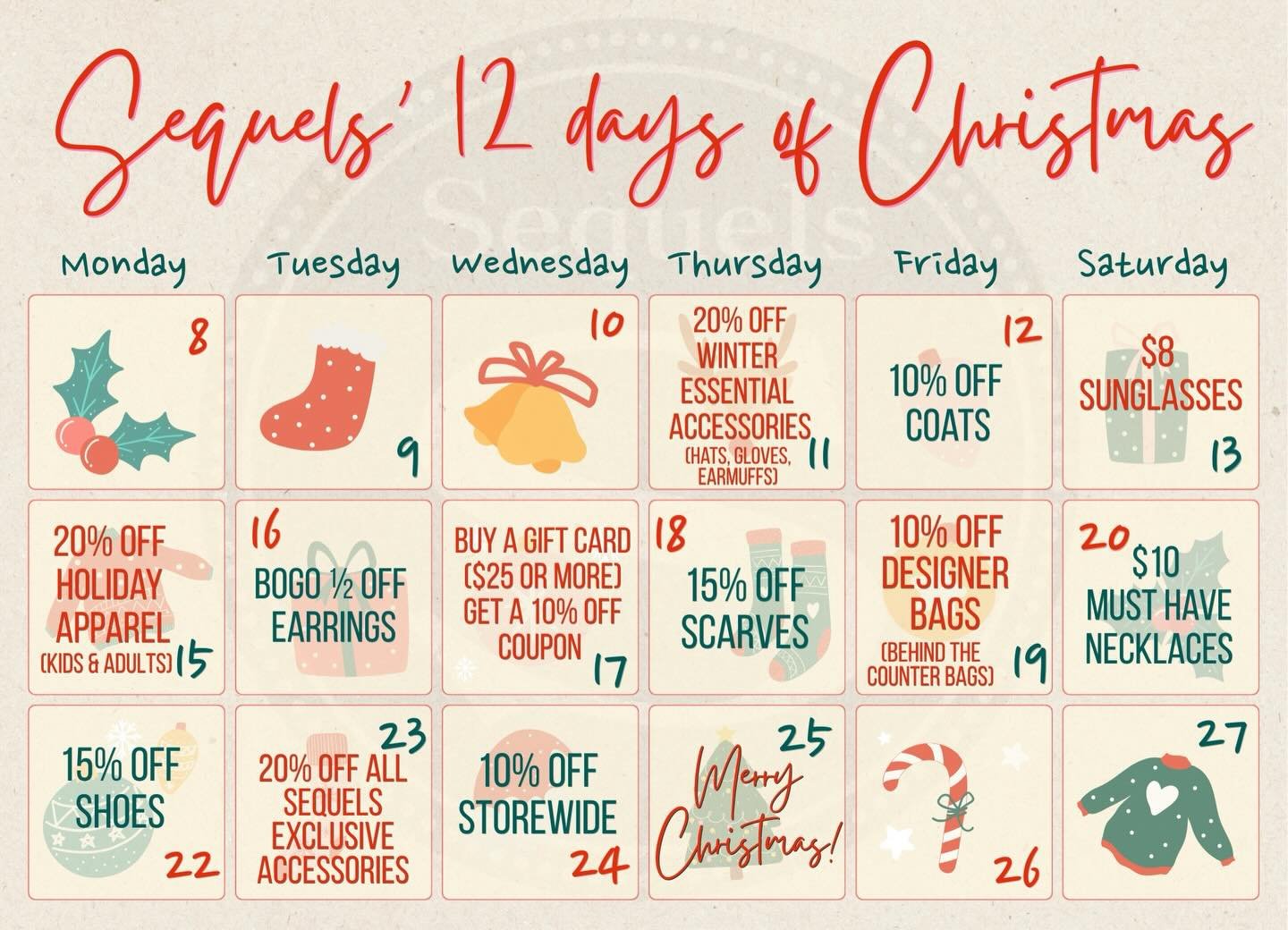 🎄✨ Sequels&rsquo; 12 Days of Christmas starts TOMORROW! ✨🎄
Get ready because we&rsquo;re rolling out 12 days of amazing deals to make your holiday shopping effortless and fun. 🎁❤️

Here&rsquo;s what&rsquo;s coming up so you can plan your shopping: