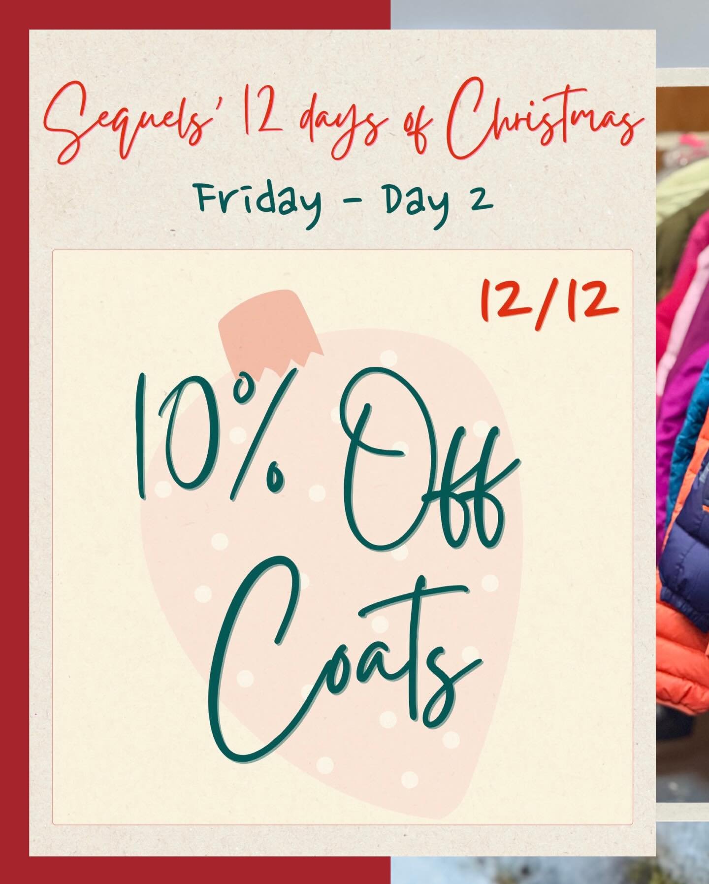 Day 2 of Sequels&rsquo; 12 Days of Christmas is here! 😍❄️🎄
🧥Grab 10% off all coats: men&rsquo;s, women&rsquo;s, and kids&rsquo; &mdash; today only! 
We&rsquo;re open 10 &ndash; 6, so come find your perfect winter layer while it&rsquo;s hot 😎
👉Ma