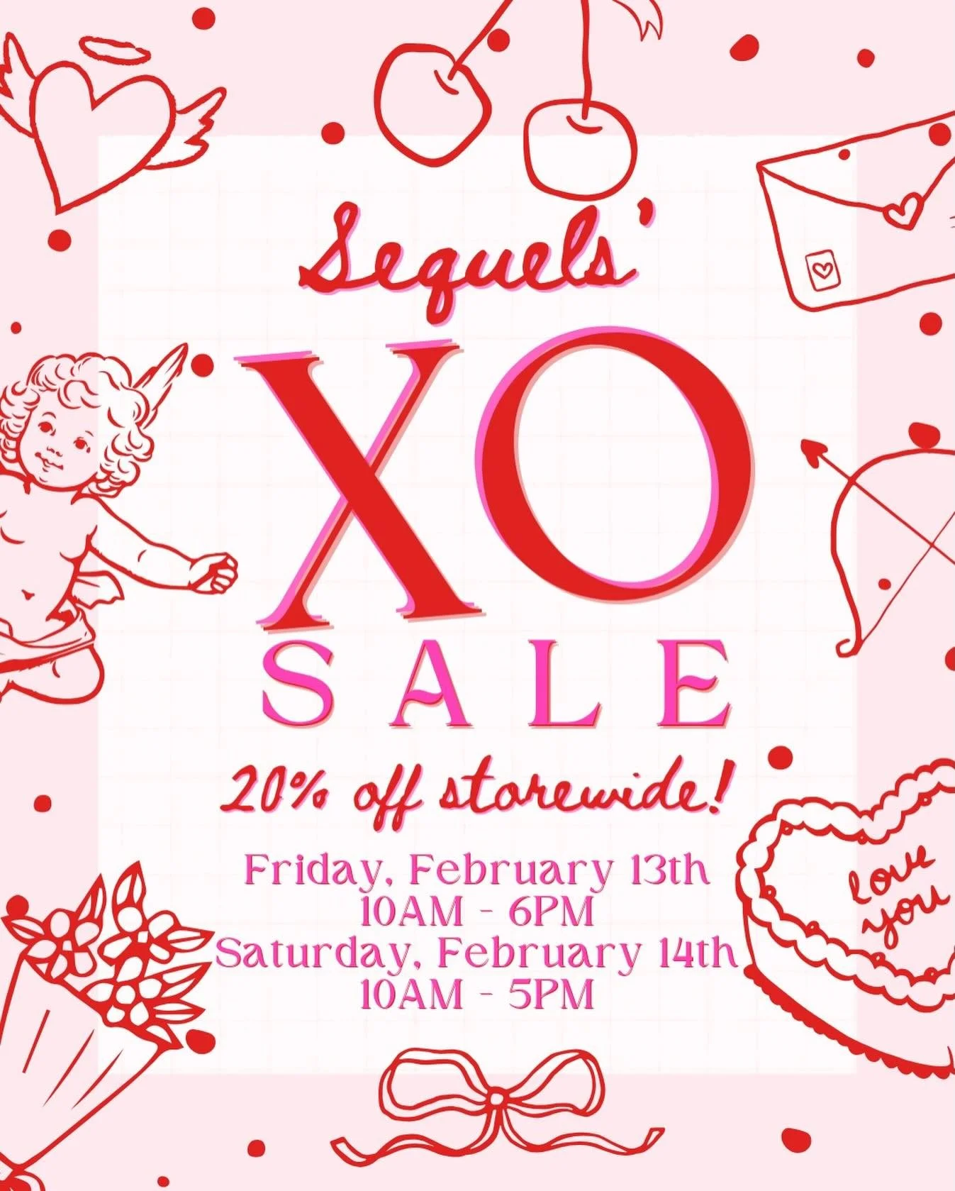 💖💌 Sequels&rsquo; XO SALE is almost here! 💌💖
Grab your gals, your sweetheart, or treat yourself 💕👼

📅 February 13th &amp; 14th
💗 20% OFF storewide 💗

Our racks will be overflowing with brand NEW Sequels Exclusive Accessories 😍🎀👼 perfect f