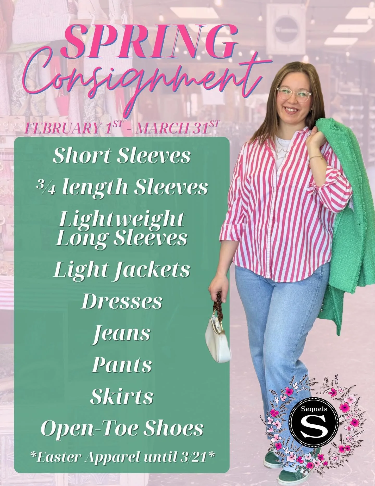 🌸🌱 Now Accepting Spring Consignments! 🌱🌸

It&rsquo;s time for some spring cleaning 🧺✨
Clean out those closets and stop in with 15 items or less daily OR schedule an appointment with us where you can bring in up to 100 items.

We&rsquo;re taking 